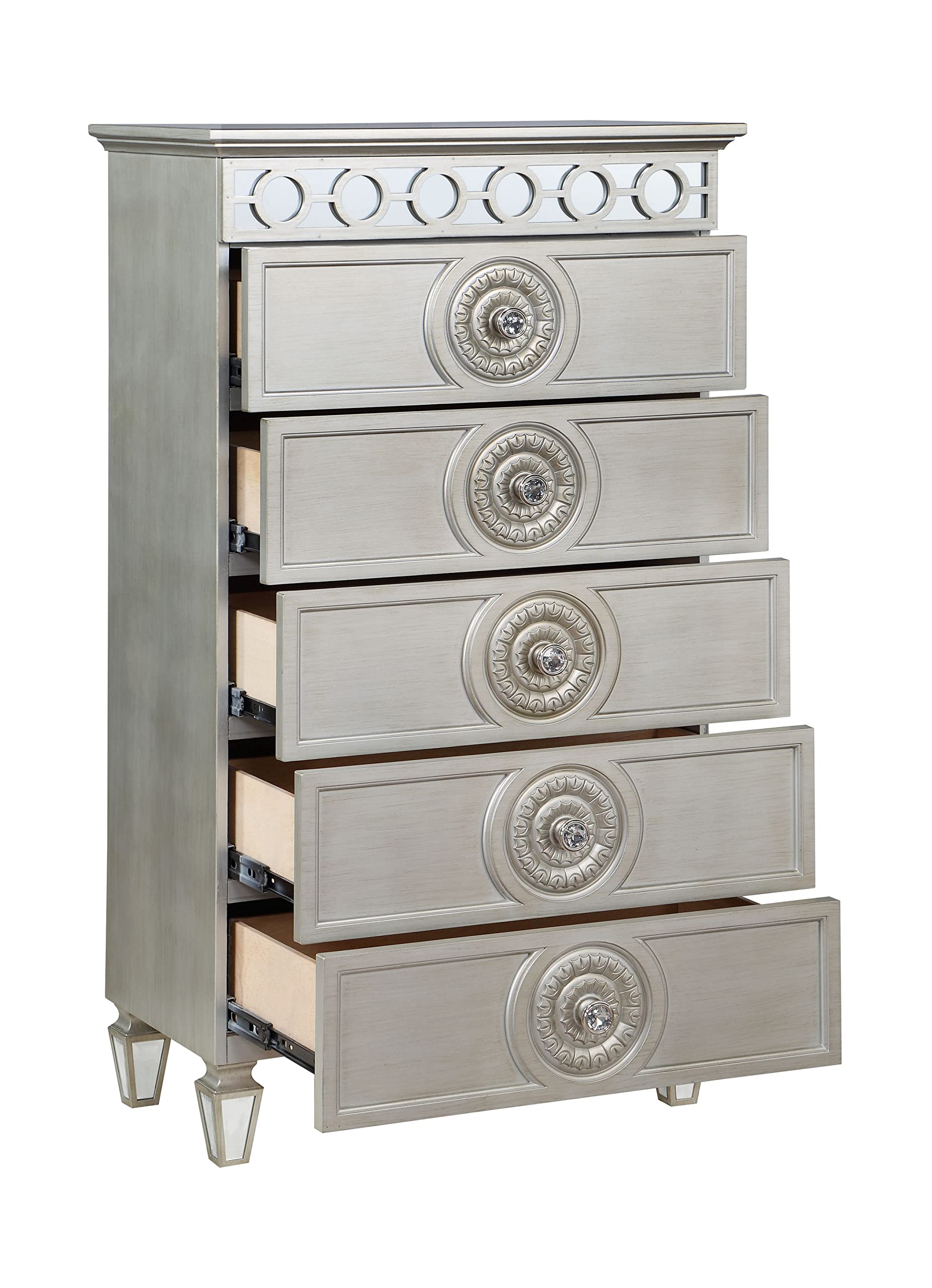 Acme Varian 5 Drawers Wooden Chest with Mirror Inlay in Silver