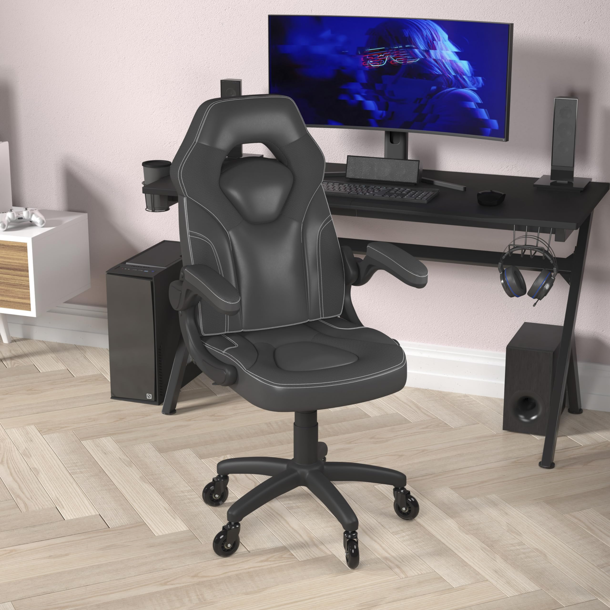 Flash Furniture X10 Gaming Chair Racing Office Computer Pc Adjustable Chair With Flip-Up Arms And Transparent Roller Wheels, Black Leathersoft