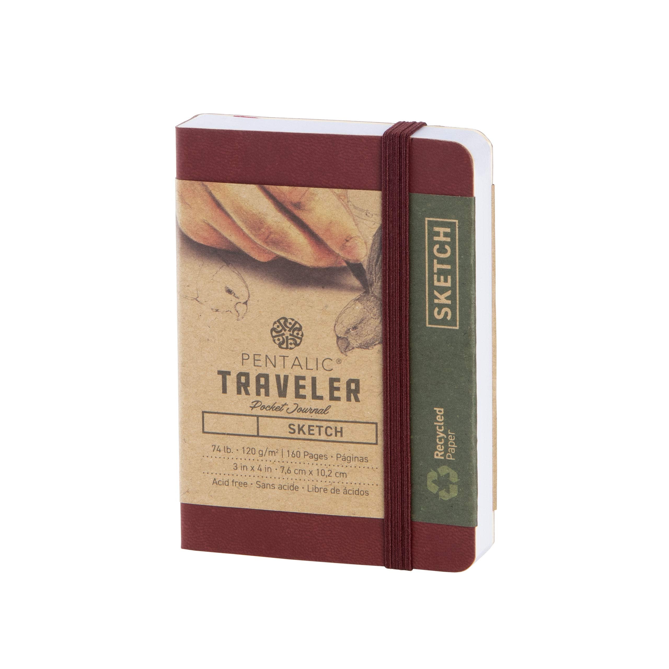 Pentalic 3' X 4' Pocket Sketchbook Traveler Journal, 160 Pages, Burgundy