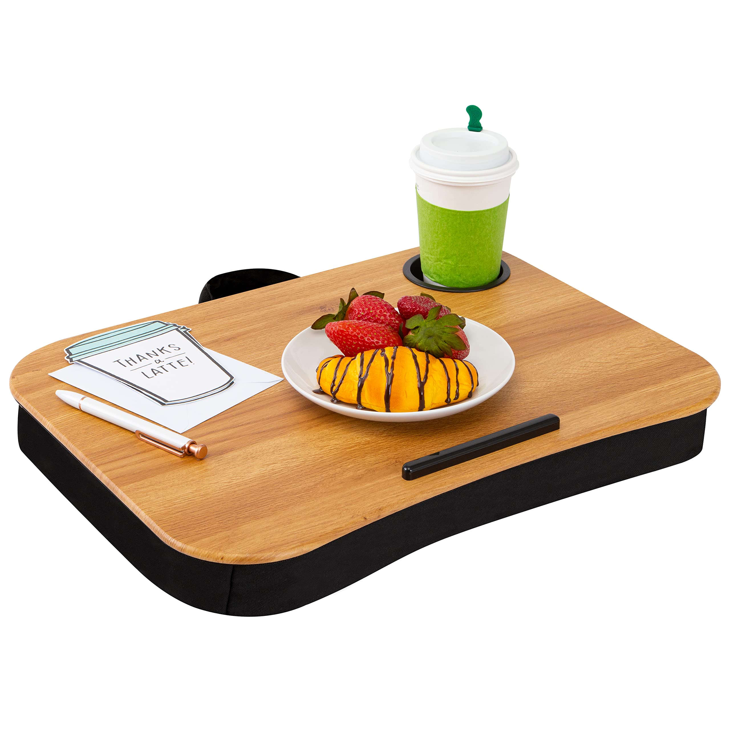 Lapgear Cup Holder Lap Desk With Device Ledge - Oak Woodgrain - Fits Up To 14 Inch Laptops - Style No. 46329