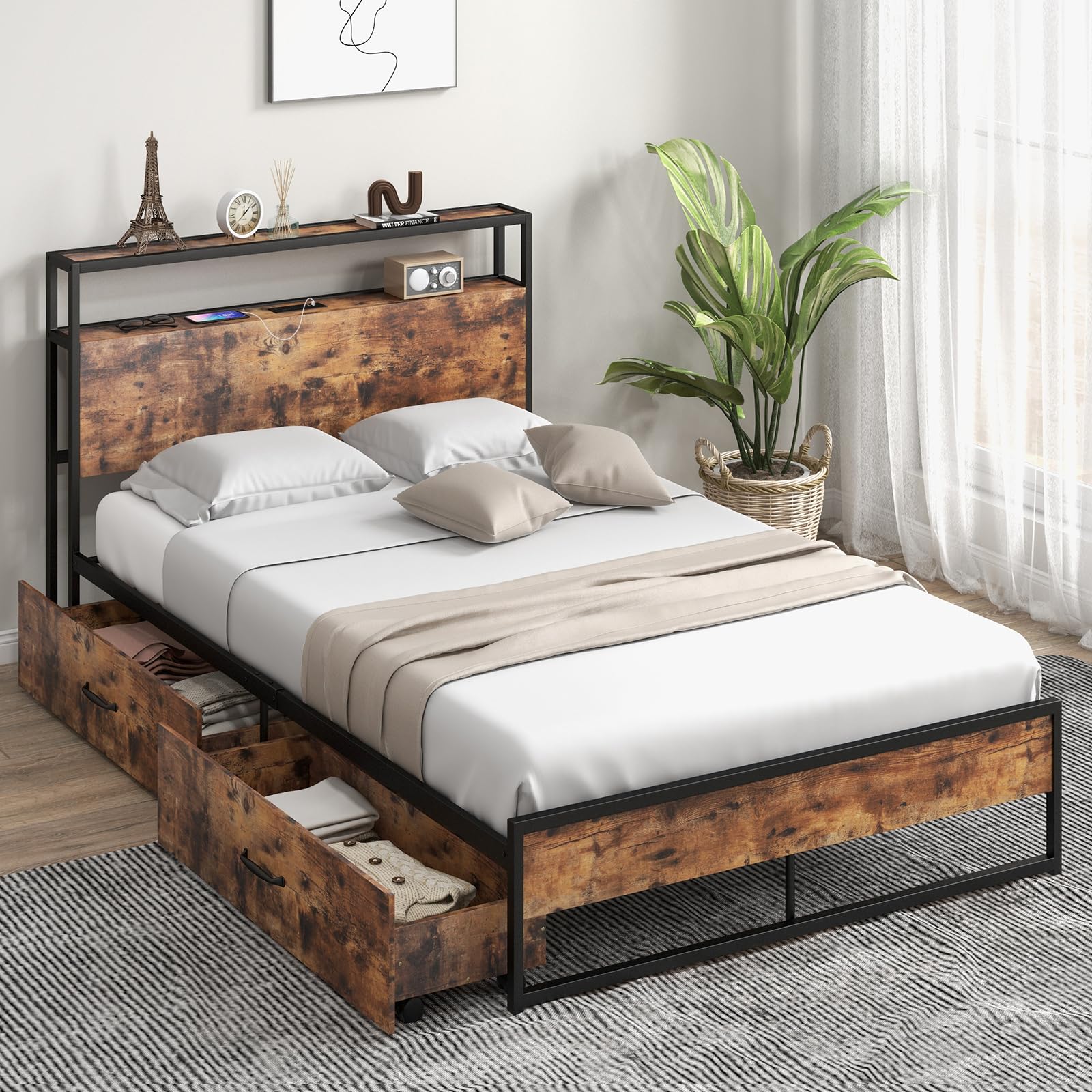 KOMFOTT Queen Bed Frame with Charging Station & 2 Storage Drawers, Industrial Heavy Duty Metal Platform Bed Frame with Storage H