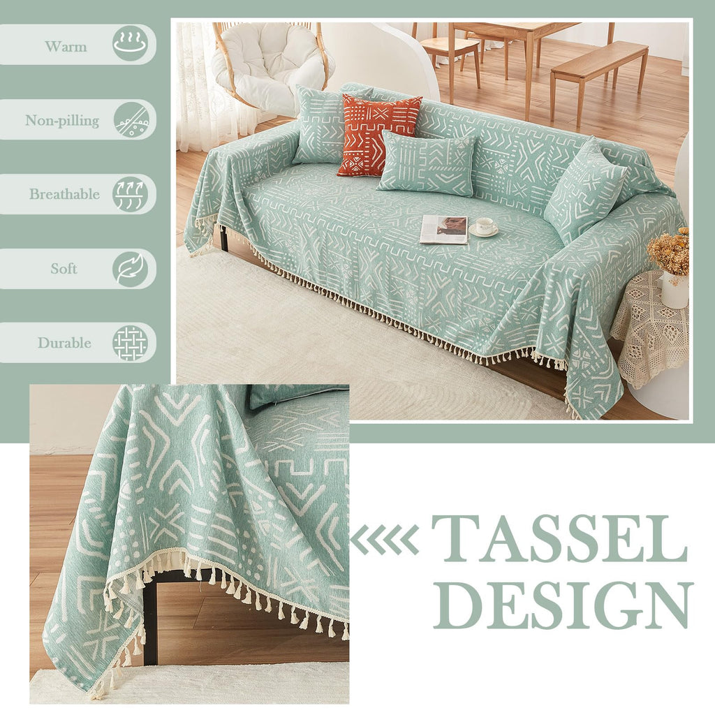 Handontime Farmhouse Couch Cover Tassel Light Green Sofa Covers For Dogs Boho Décor Geometric Aztec Couch Cushion Cover Sofa Protector Cover Sectional Couch Covers For 3 Cushion Couch, 71' X150'