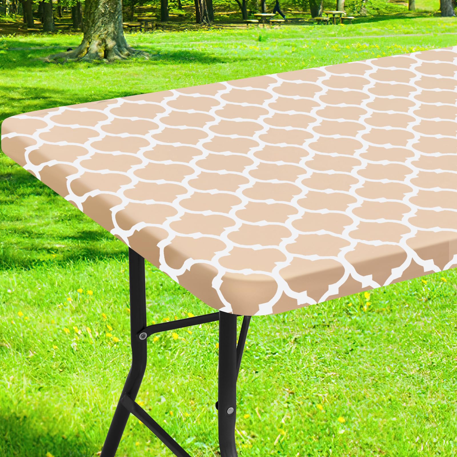 Smiry Rectangle Picnic Table Cover, Waterproof Elastic Fitted Camping Table Covers For 8 Foot Tables, Wipeable Flannel Backed Vinyl Tablecloth Protector For Indoor, Outdoor (Khaki, 30X96 Inches)