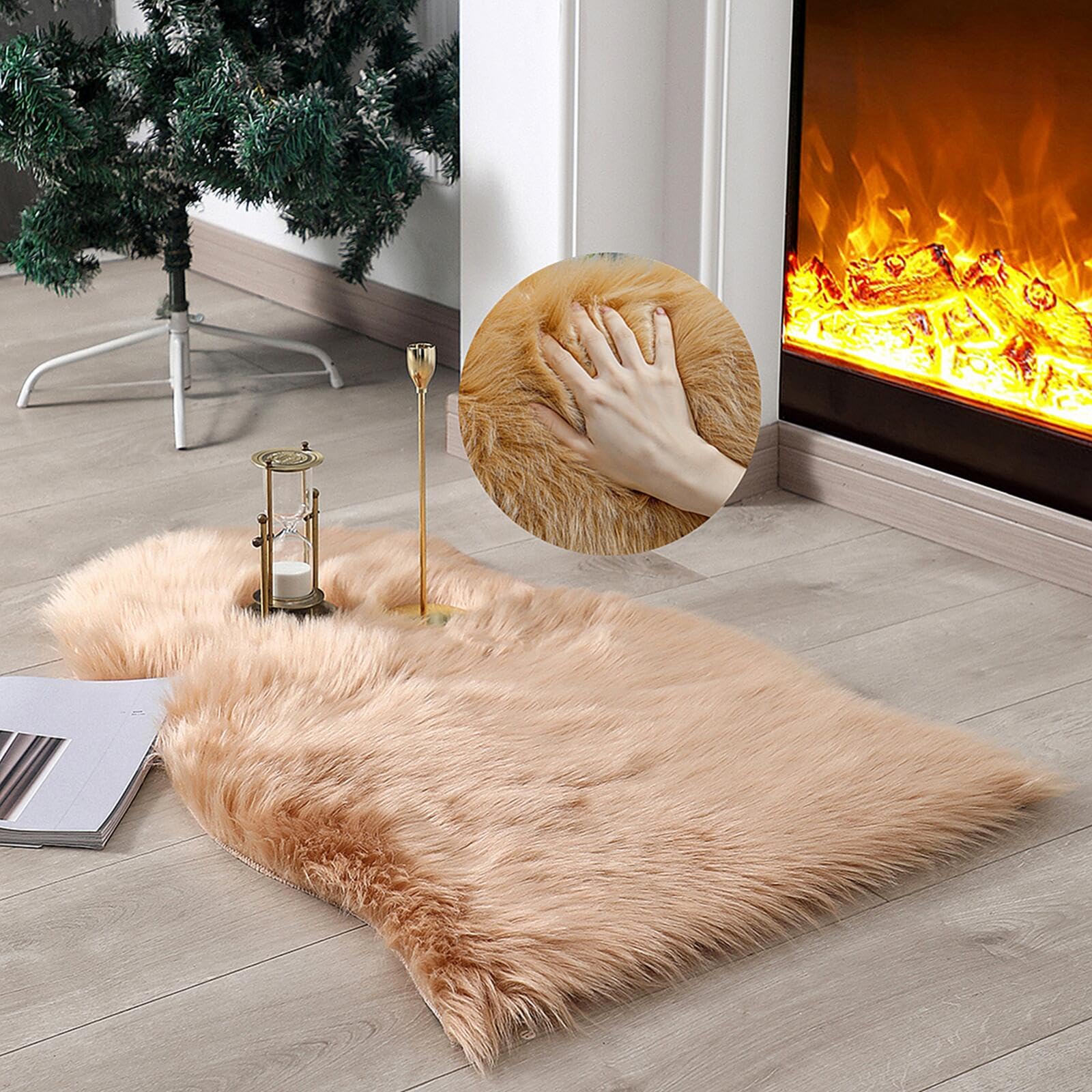 linmopm Faux Fur Rug Sheepskin Shag Fluffy Fuzzy Beige 2x3 ft Small Rugs for Bedroom Bedside Bed Floor Living Room Plush High-De