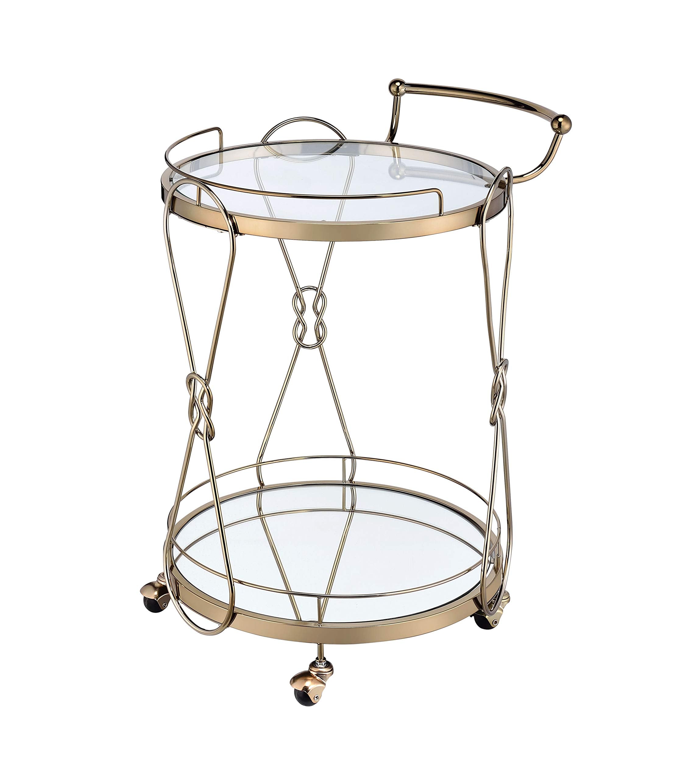 Benjara Serving Cart With 2 Glass Shelves And Caster Support, Gold And Clear