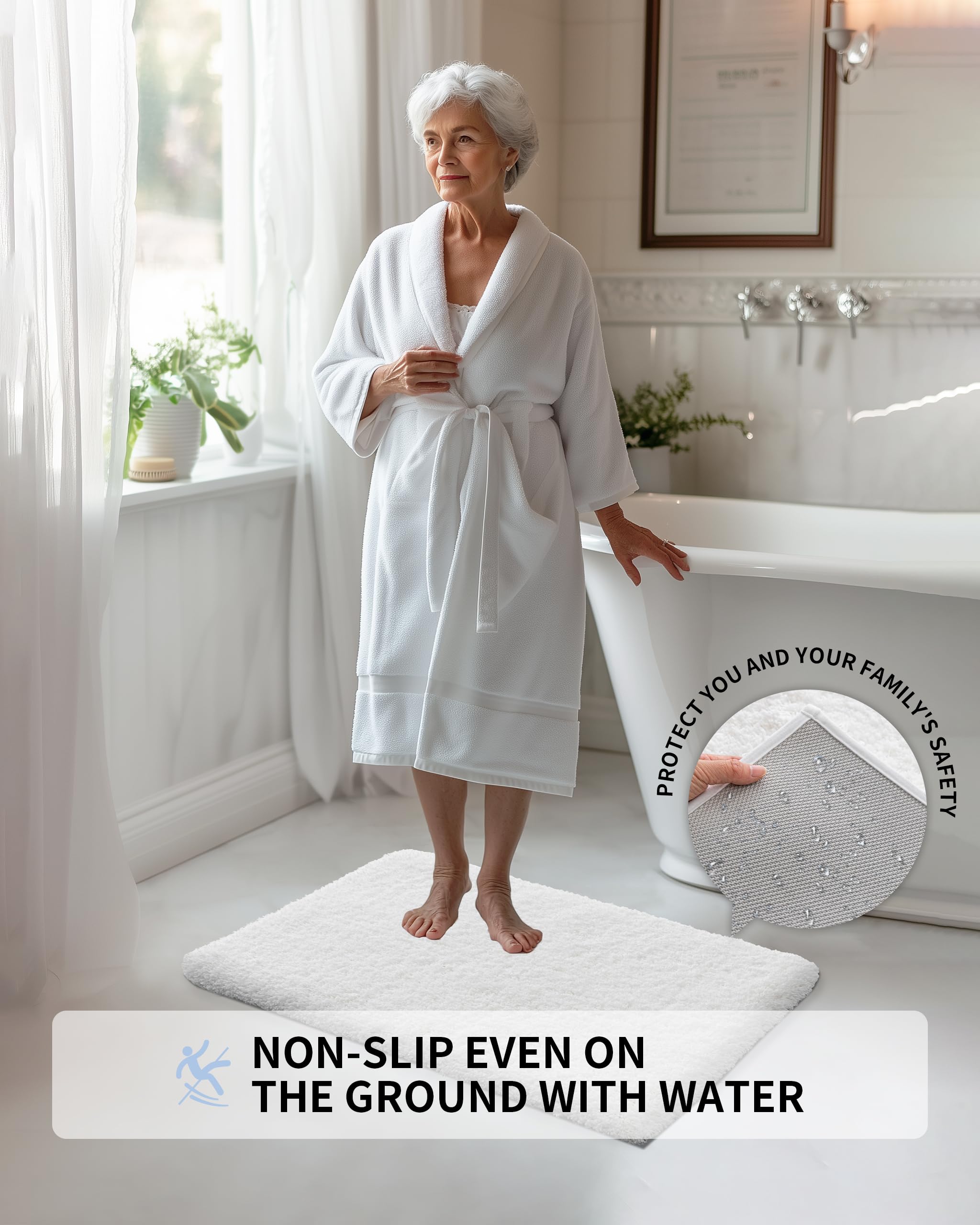 Ilango White Bathroom Rug Super Absorbent, Washable Bath Mat Non Slip For Floor, Thick Plush Shaggy Bath Rug With Rubber Bottom