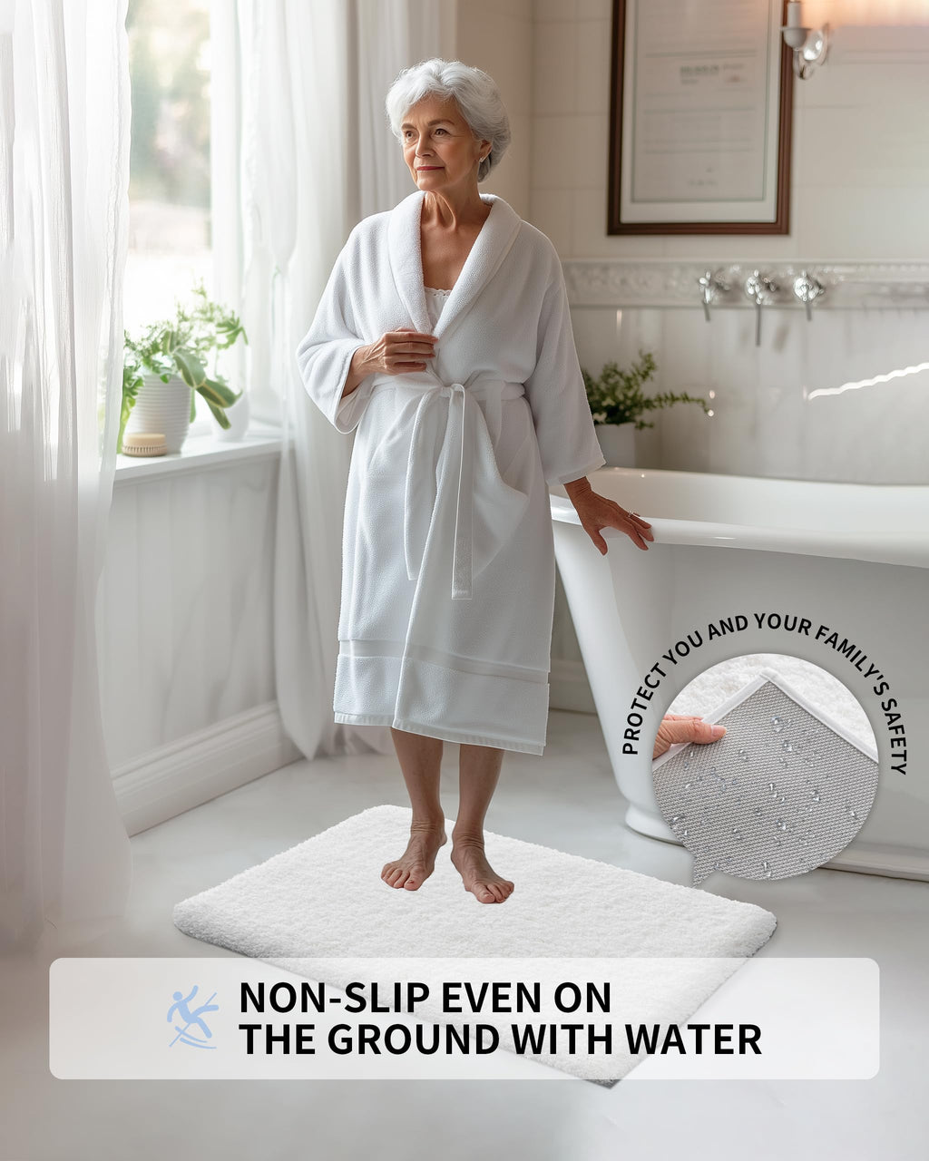 Ilango White Bathroom Rug Super Absorbent, Washable Bath Mat Non Slip For Floor, Thick Plush Shaggy Bath Rug With Rubber Bottom