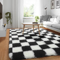 KICMOR Black and White Checkered Rug, 3x5 Fluffy Area Rugs for Bedroom, Fuzzy Furry Shag Shaggy Living Room Carpet, Soft Plush B