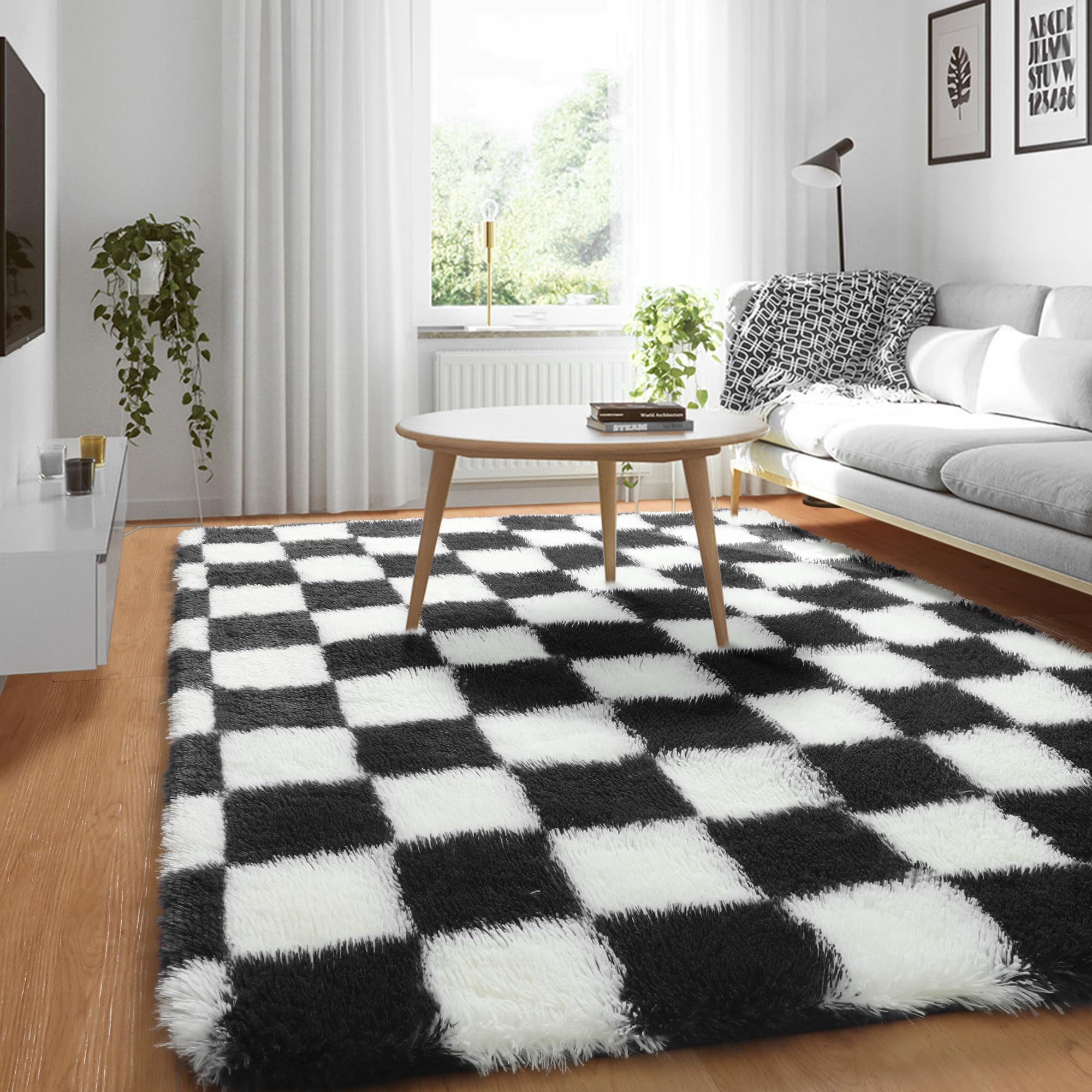 KICMOR Black and White Checkered Rug, 3x5 Fluffy Area Rugs for Bedroom, Fuzzy Furry Shag Shaggy Living Room Carpet, Soft Plush B