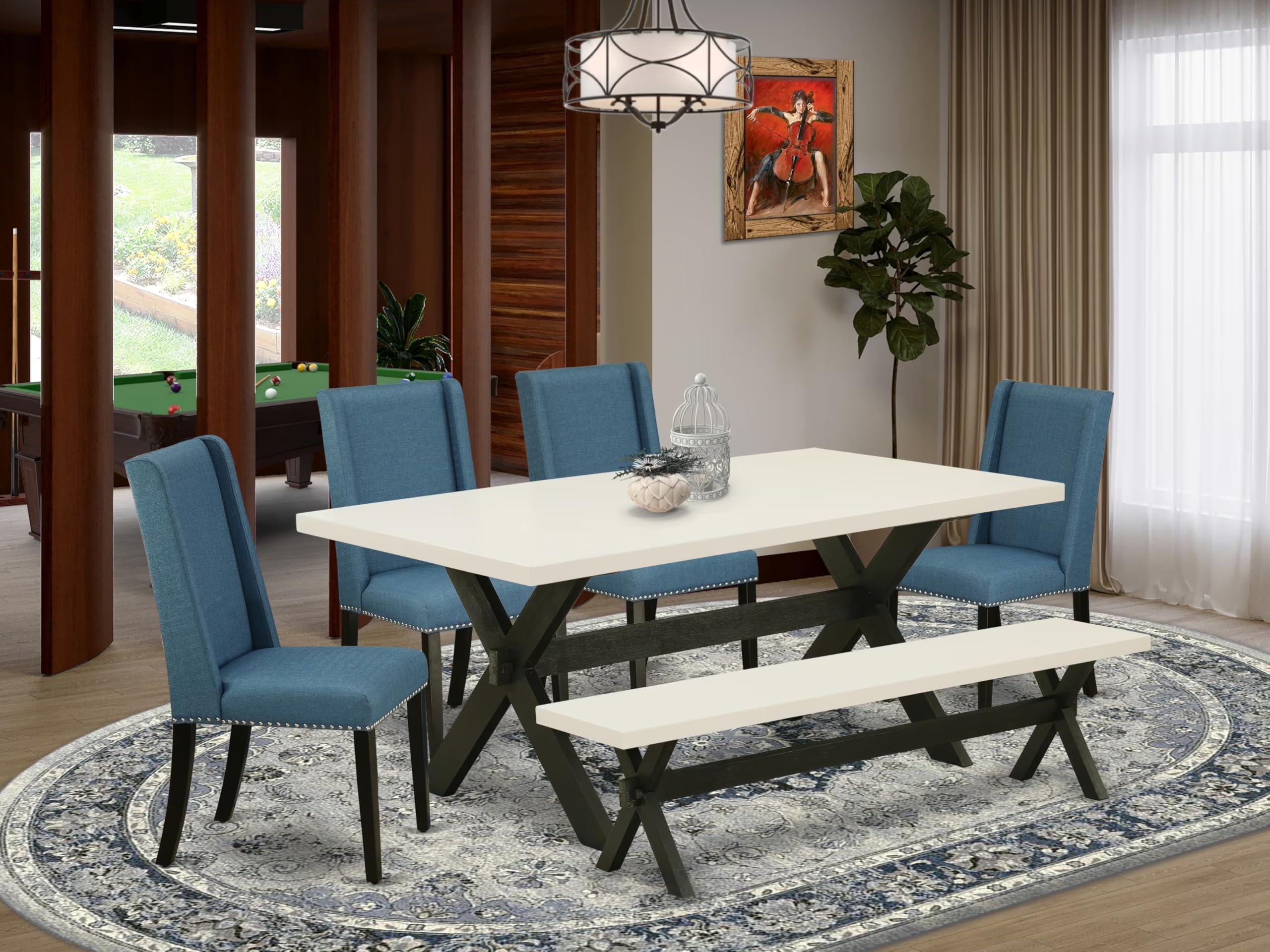 East West Furniture X627Fl121-6 6 Piece Dining Set Contains A Rectangle Dining Room Table With X-Legs And 4 Blue Linen Fabric Parson Chairs With A Bench, 40X72 Inch, Multi-Color