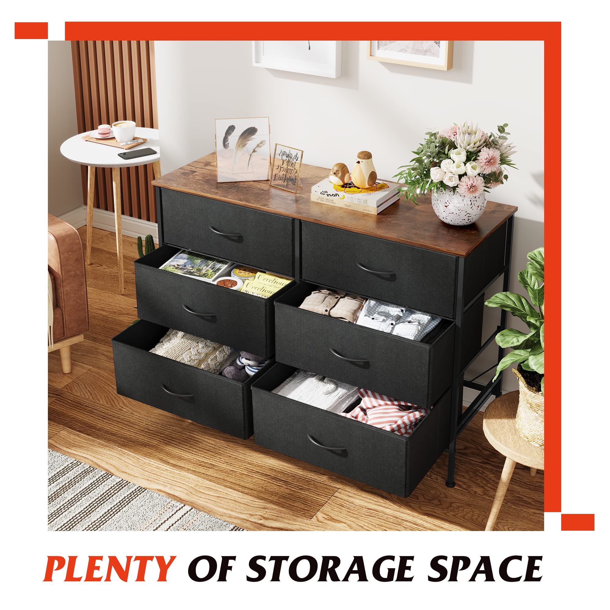 Wlive Wide Dresser With 6 Drawers, Tv Stand For 50 Inches Tv, Entertainment Center With Metal Frame, Wooden Top, Fabric Storage Dresser For Bedroom, Hallway, Entryway, Black And Rustic Brown