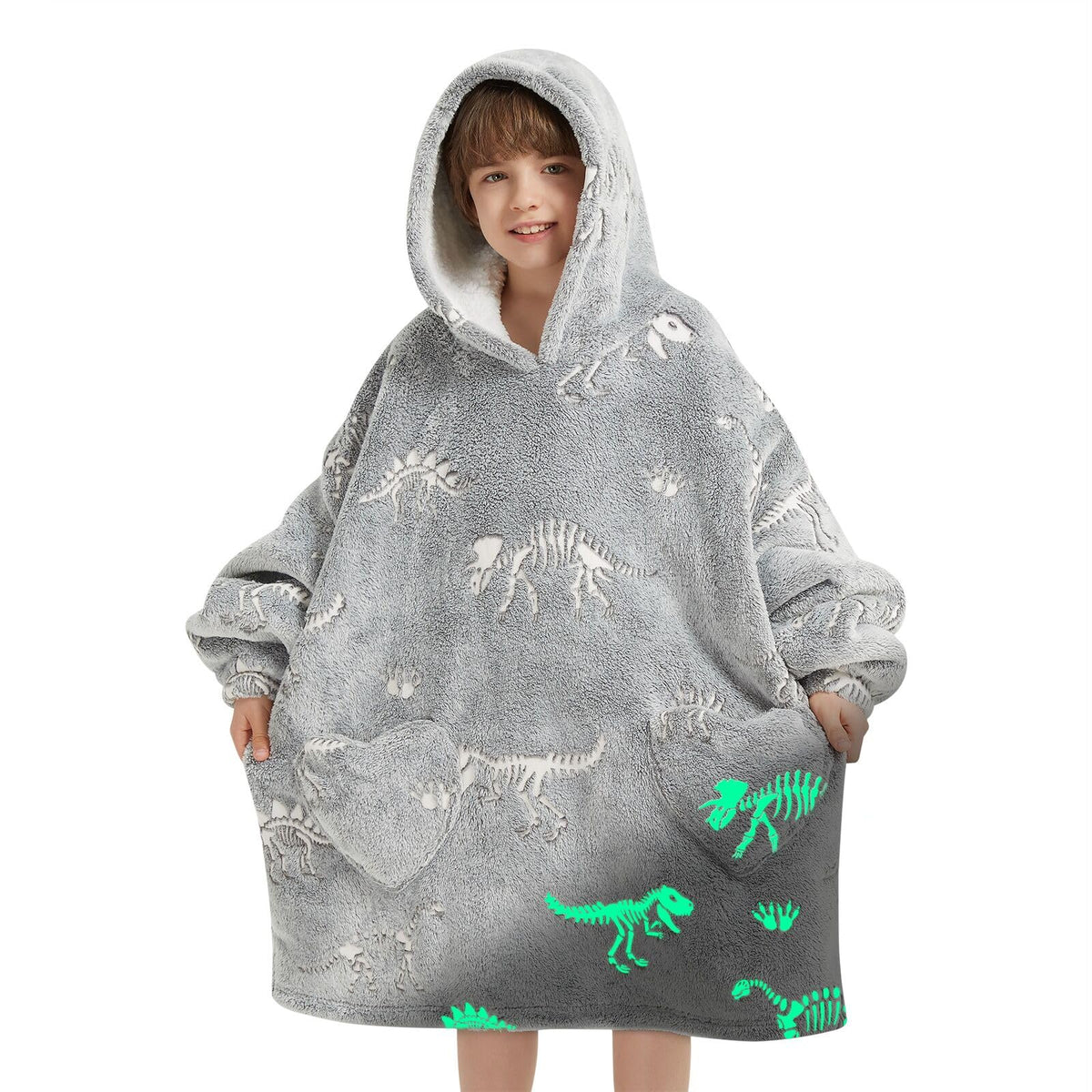 Wearable Blanket Hoodie For Kids Oversized Sherpa Blanket Hoodie For Kids Boys Girls Teens 6-13Yr,Glow In The Dark Dinosaur Foss