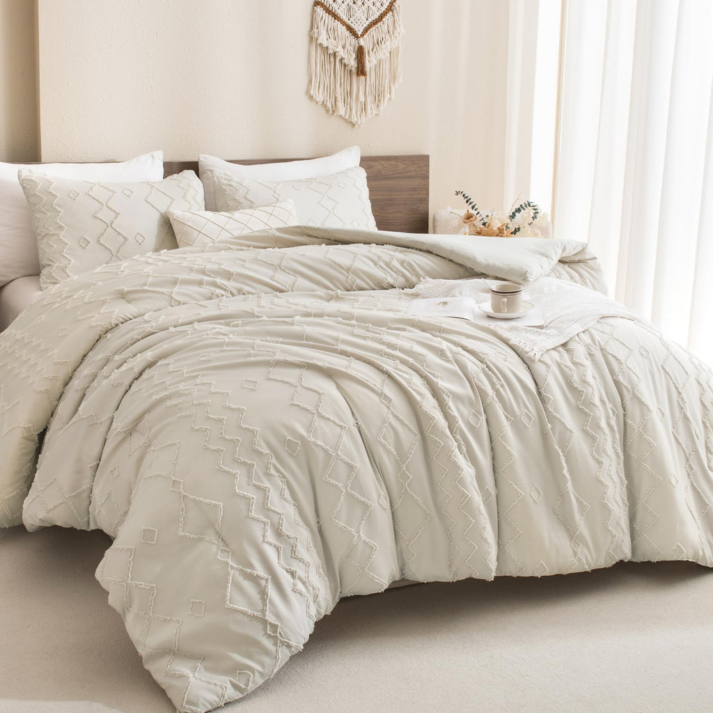 Andency King Comforter Set Beige, Textured Farmhouse 3 Pieces Comforter (1 Boho Comforter, 2 Pillowcases), Soft Microfiber Down Alternative Geometric Comforter Bedding Set (104X90 Inch)