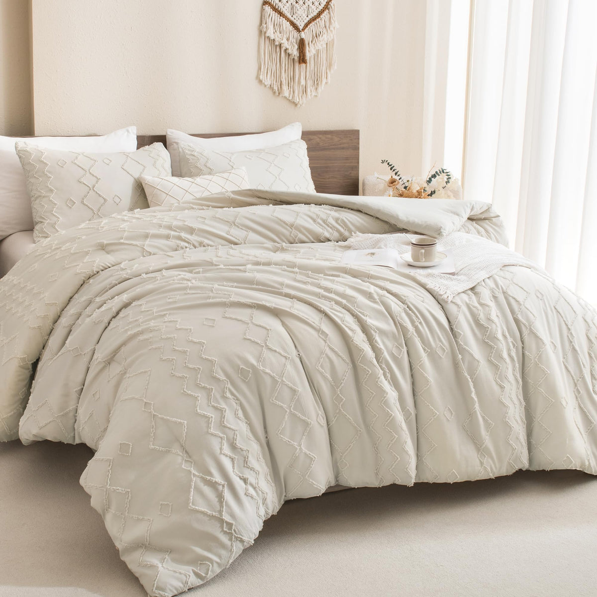 Andency Beige Tufted Comforter Set Full(79X90Inch), 3 Pieces(1 Boho Comforter, 2 Pillowcases) Textured Farmhouse Comforter, Soft