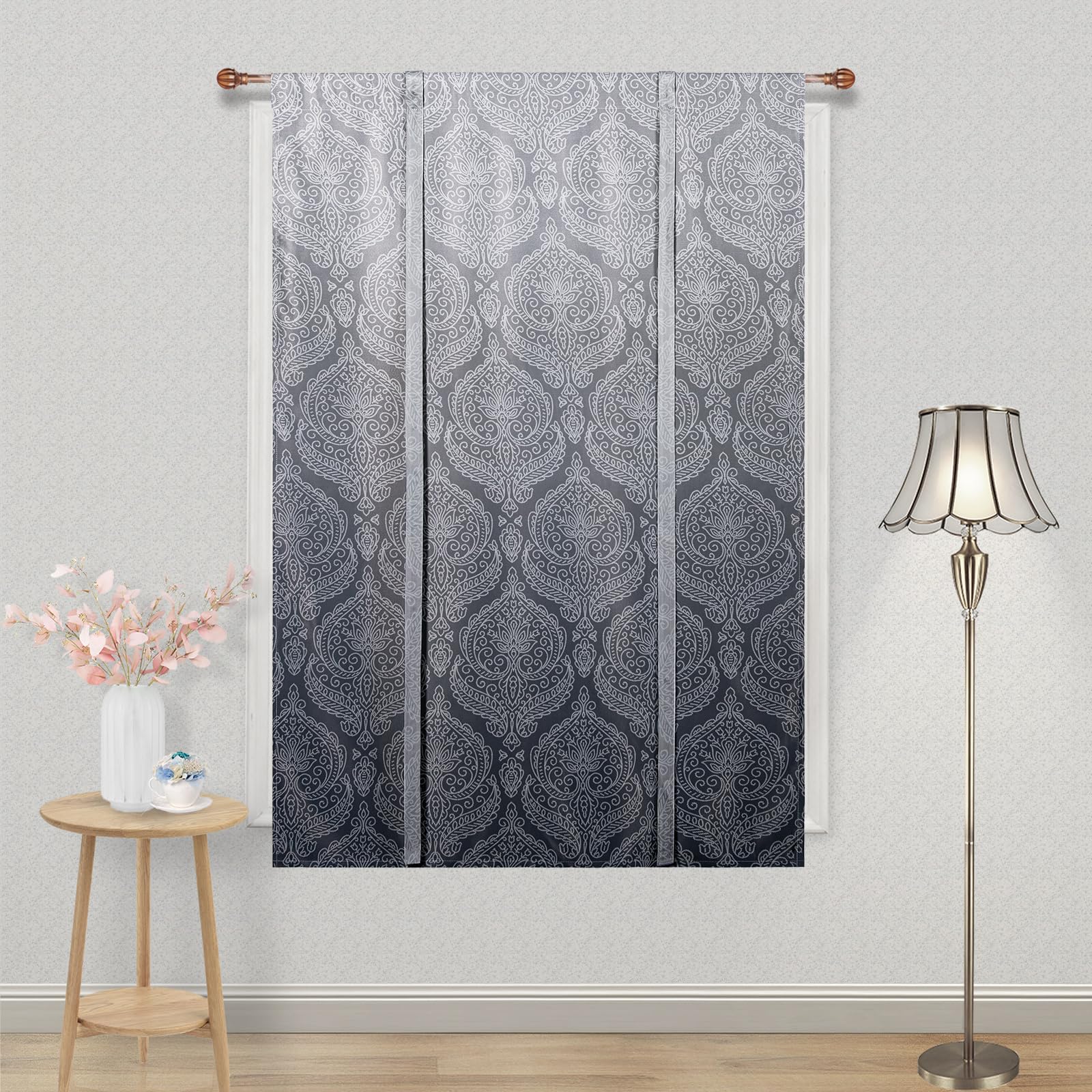 Dwcn Ombre Blackout Curtains-Damask Patterned Tie Up Shade For Window Thermal Insulated Room Darkening Rod Pocket Curtains For K
