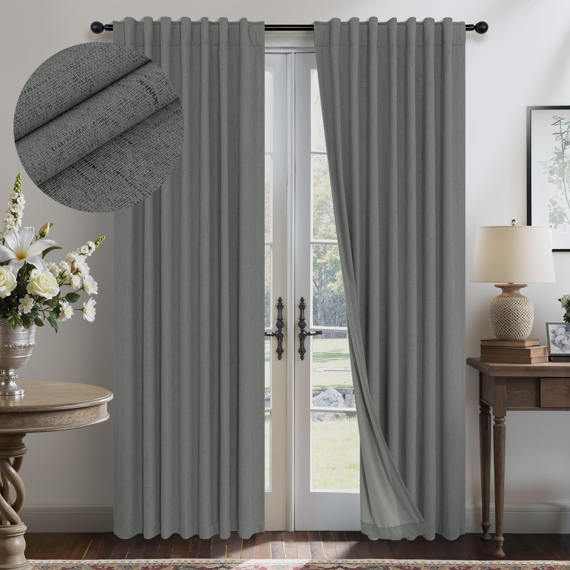 Charcoal Grey Curtains for Bedroom 2 Panel Set 63 Inch Length 100% Blackout Linen Look Thermal Insulated Light Blocking Darkenin