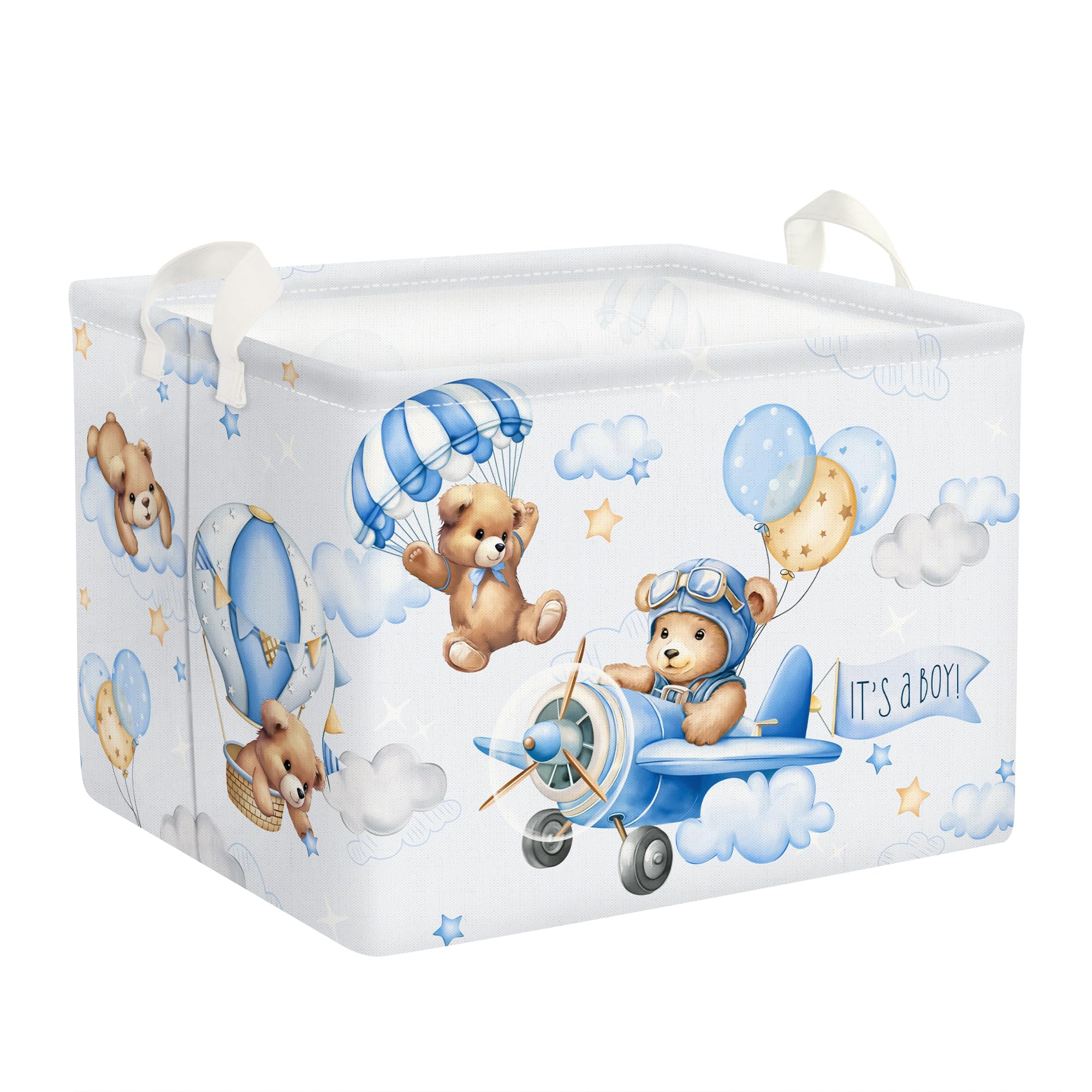 Clastyle 36L Blue Pilot Bear Boy Shower Basket Hot Air Balloon Gift Basket for Kid Room Nursery Pool Toy Towel Book Shelf Basket