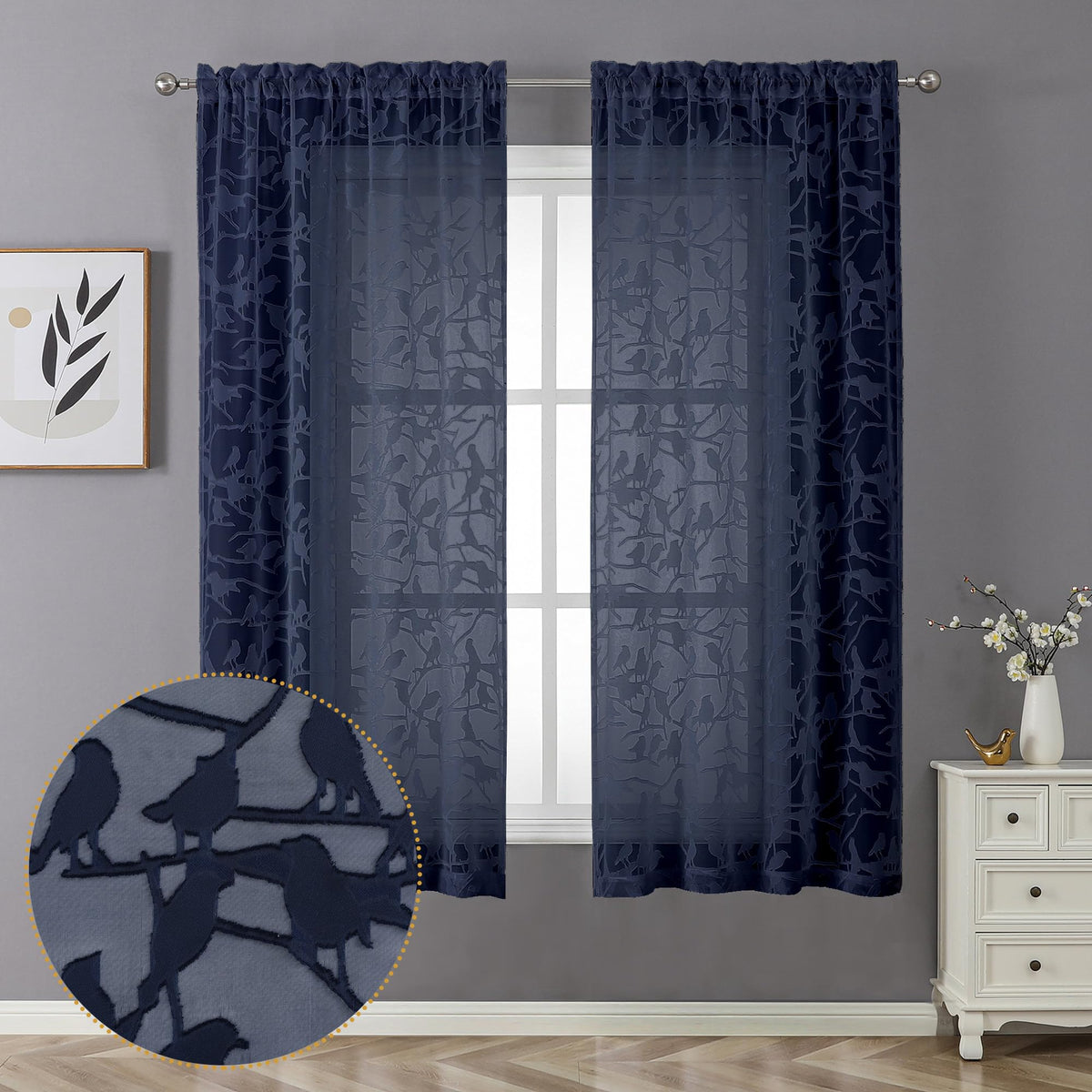 Ovzme Anji Sheer Navy Blue Curtains 63 Inches Long, Light & Airy Privacy Textured Sheer Drapes, Dual Rod Pocket Voile Clipped Bi
