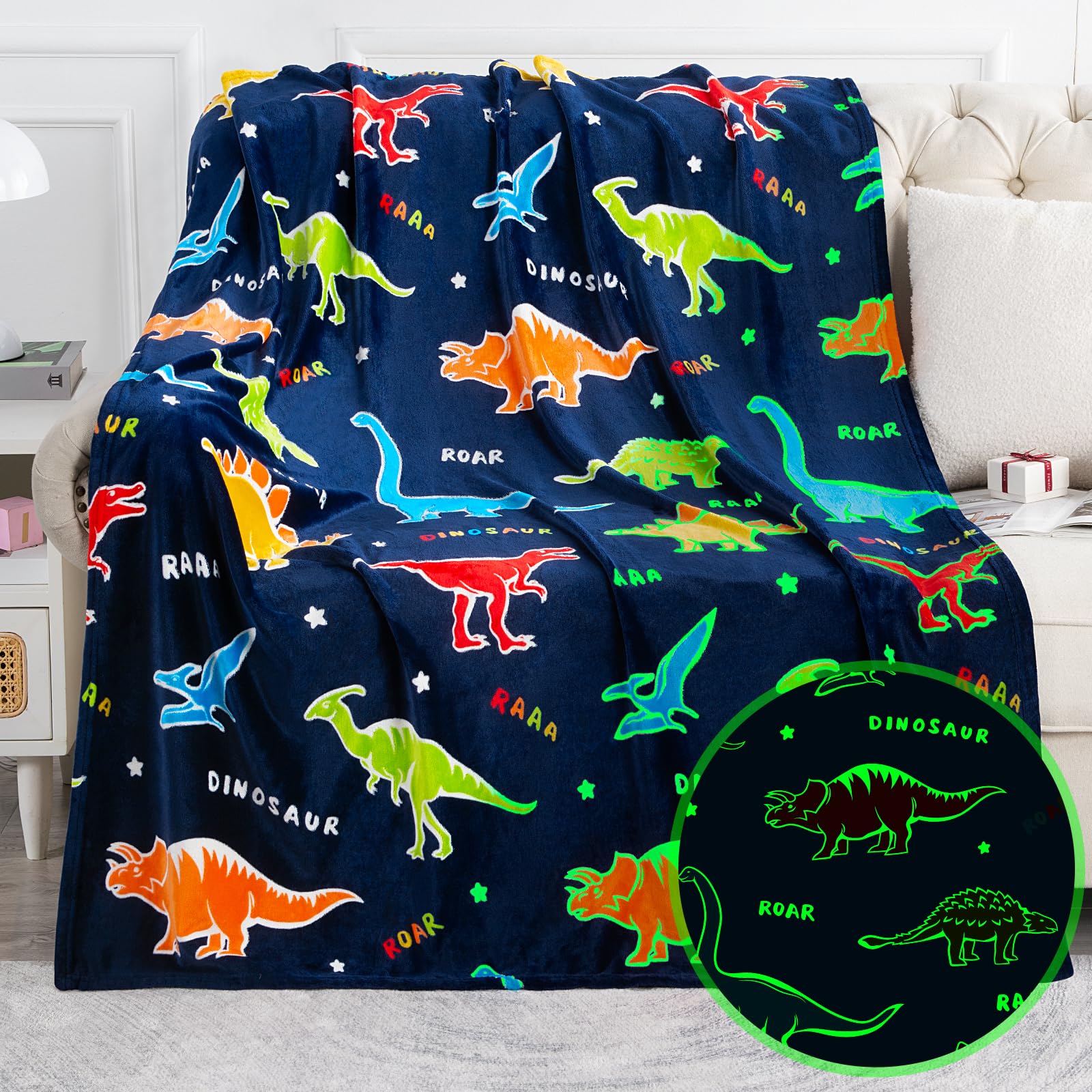 Dinosaur Gifts Toys for Kids Boys - Glow in The Dark Blanket Dino Throw Age 1-13 Years Old Toddler Teen Son Girls Present Birthd