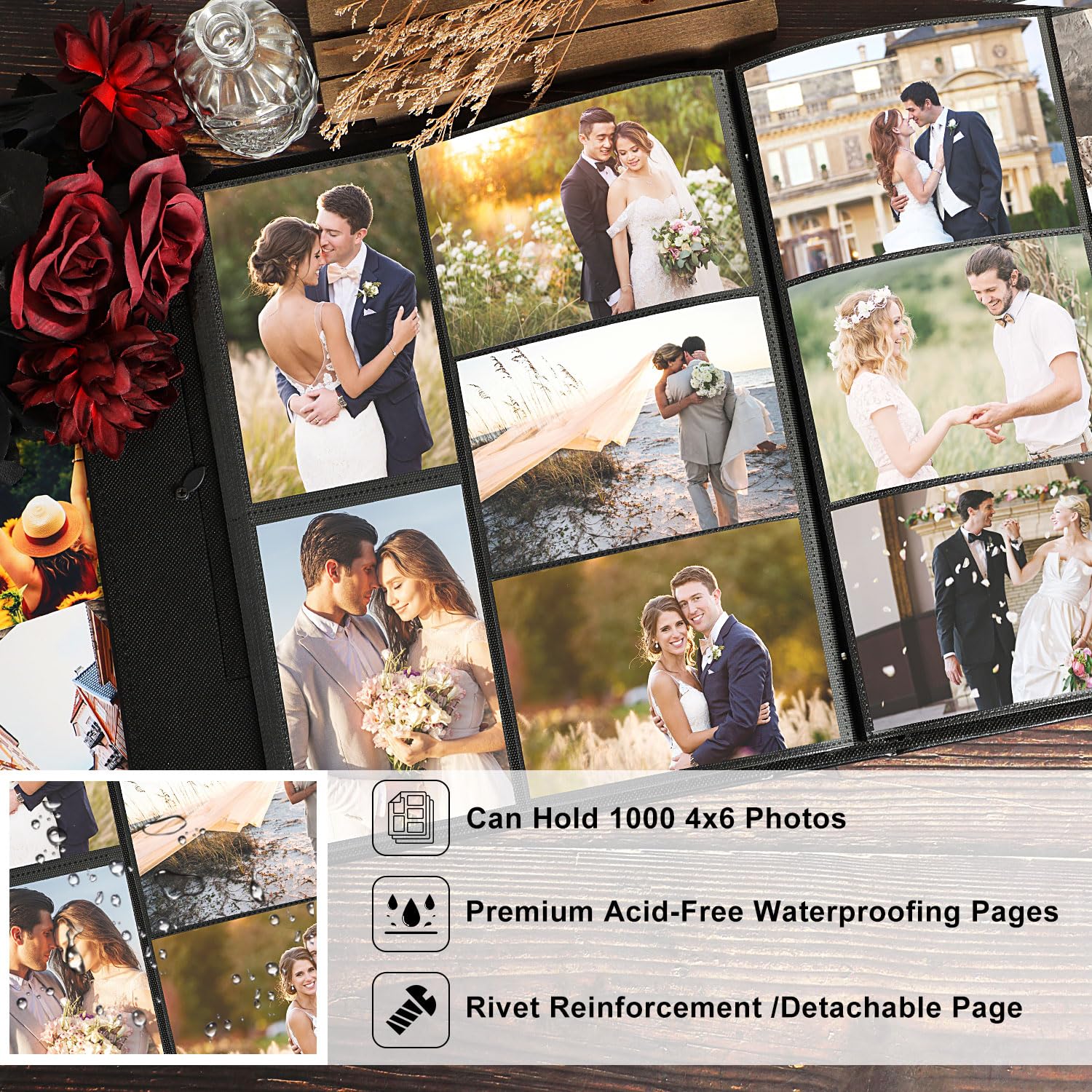Lanpn Wedding Photo Album 4X6 1000 Pocket Photos Slip In, Linen Cover Large Capacity Newlywed Marriage Window Album Hold 1000 Ho