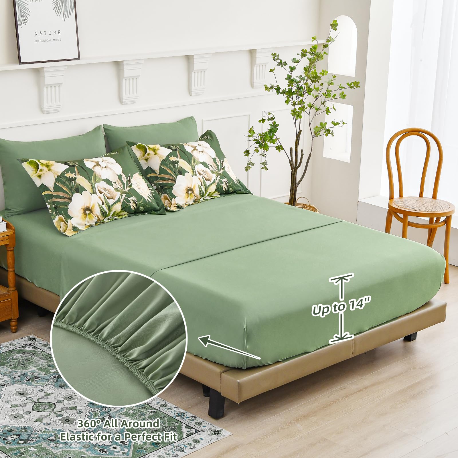 Luxudecor Floral Comforter Set Queen Size 7 Piece, Olive Green Flower Bed In A Bag, Elegant Comforter Bedding Set For All Season