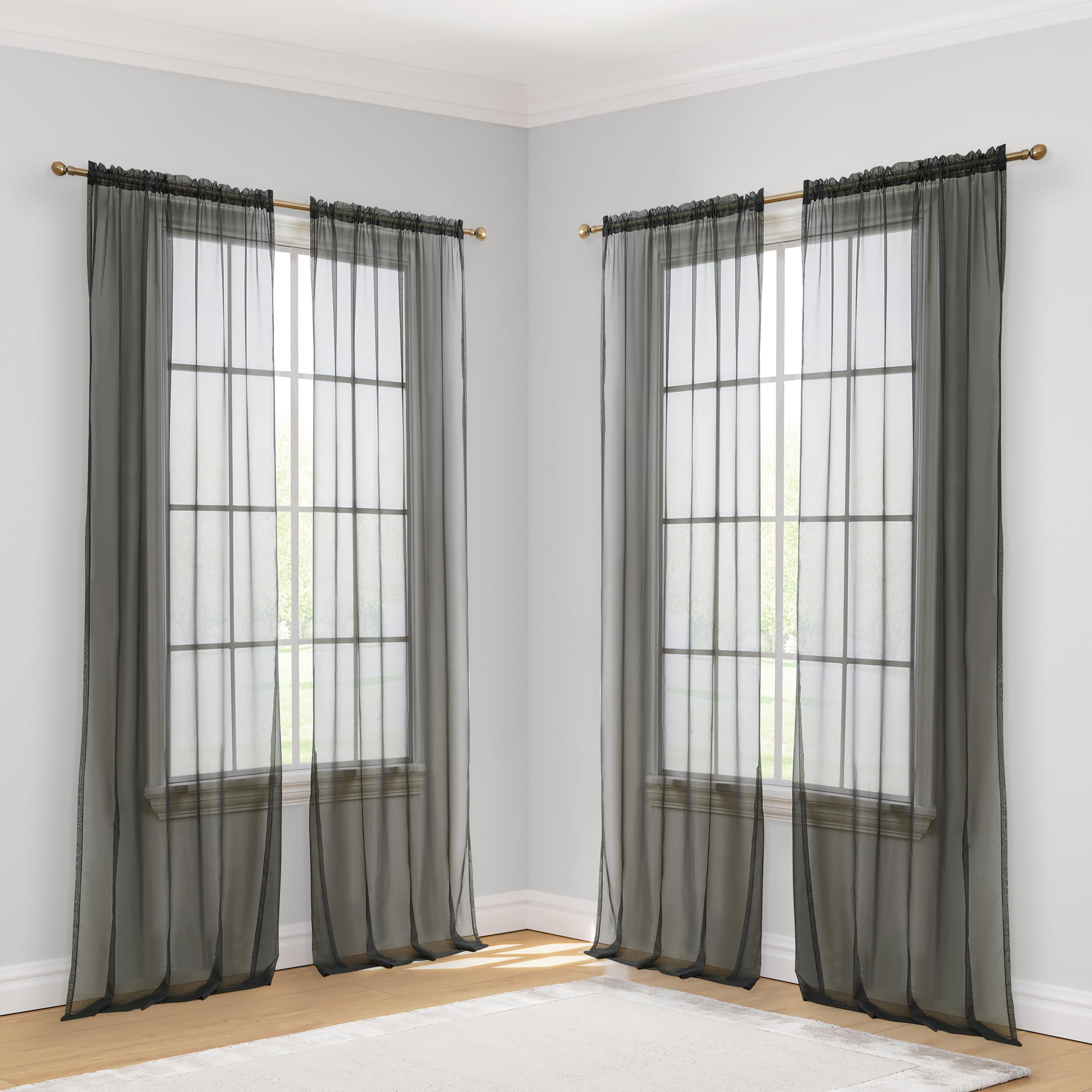 Hlc.Me Charcoal Grey Sheer Curtains - Sheer Voile Light Filtering Window Treatment Coverings Rod Pocket Curtain Panels For Bedro
