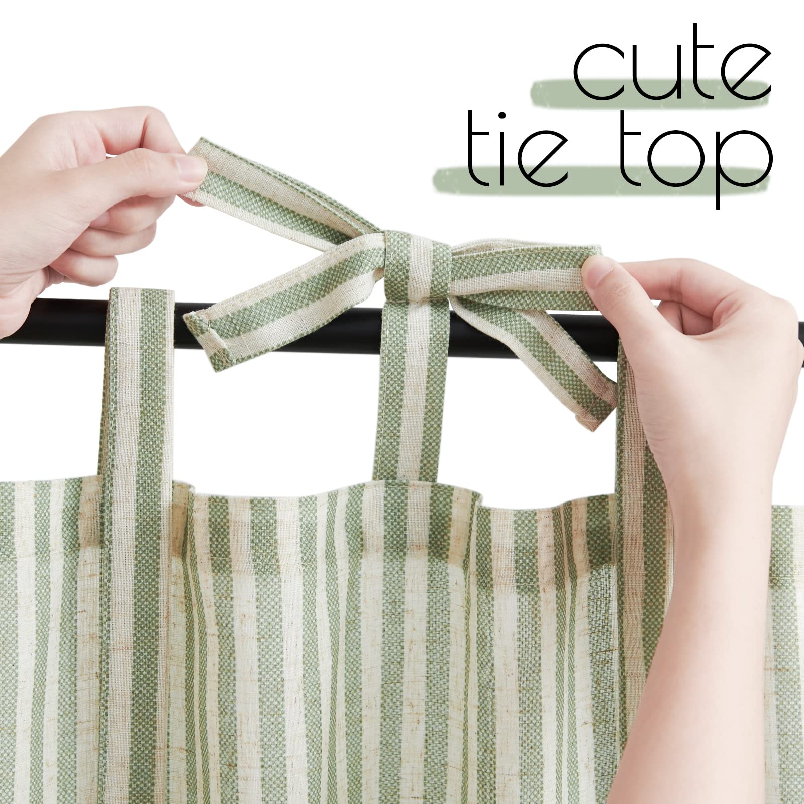 Jinchan Kitchen Curtains 36 Inch Length Striped Tie Top Linen Tier Curtains Short Curtains For Living Room Bedroom Bathroom Farmhouse Light Filtering Rod Pocket Cafe Curtains 2 Panels Sage On Beige