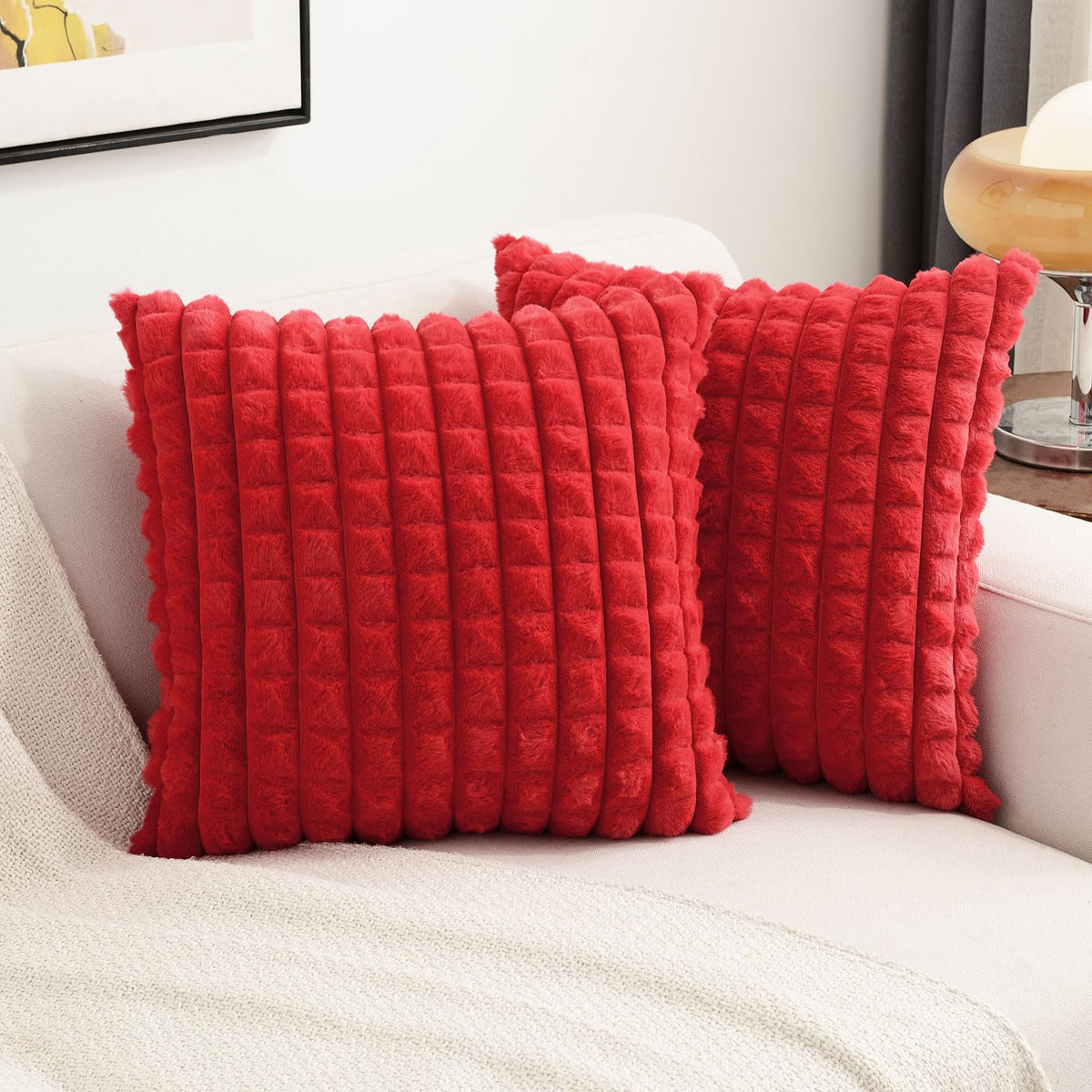 Futei Red Decorative Throw Pillow Covers 24X24 Inch Set Of 2,Square Euro Cushion Case,Soft Fluffy Faux Rabbit Fur Plaid/Cozy Vel