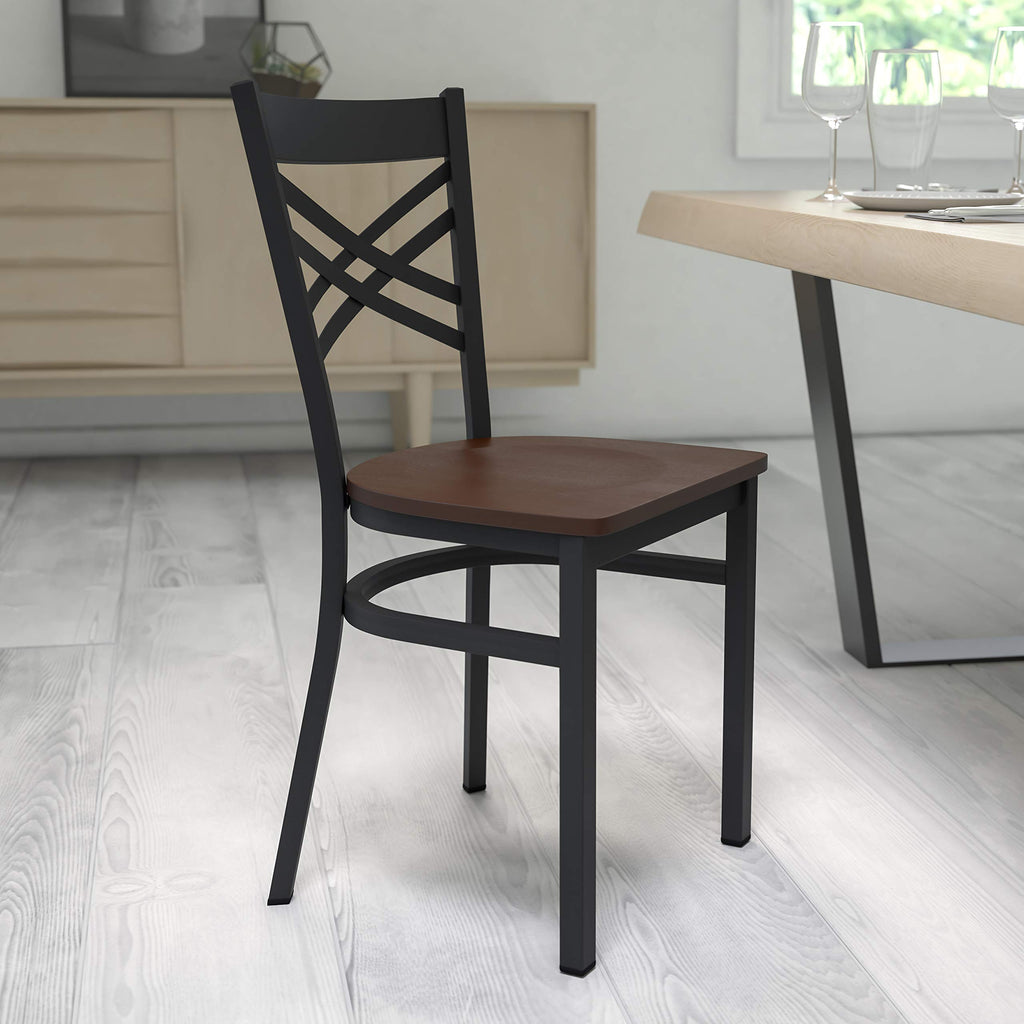 Flash Furniture HERCULES Series Black ''X'' Back Metal Restaurant Chair - Mahogany Wood Seat