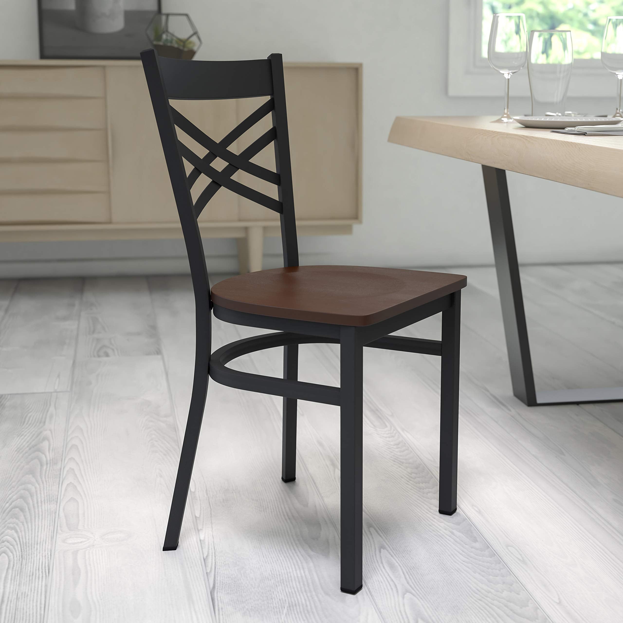 Flash Furniture HERCULES Series Black ''X'' Back Metal Restaurant Chair - Mahogany Wood Seat