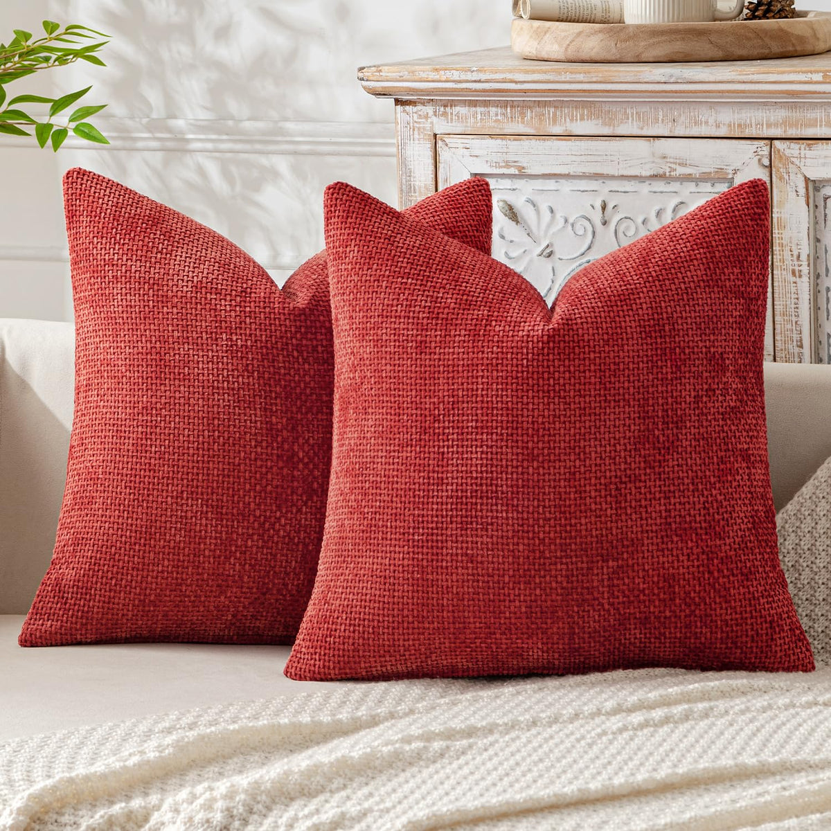 Miulee Pack Of 2 Red Decorative Pillow Covers 20X20 Inch Soft Chenille Couch Throw Pillows Farmhouse Cushion Covers For Home Dec