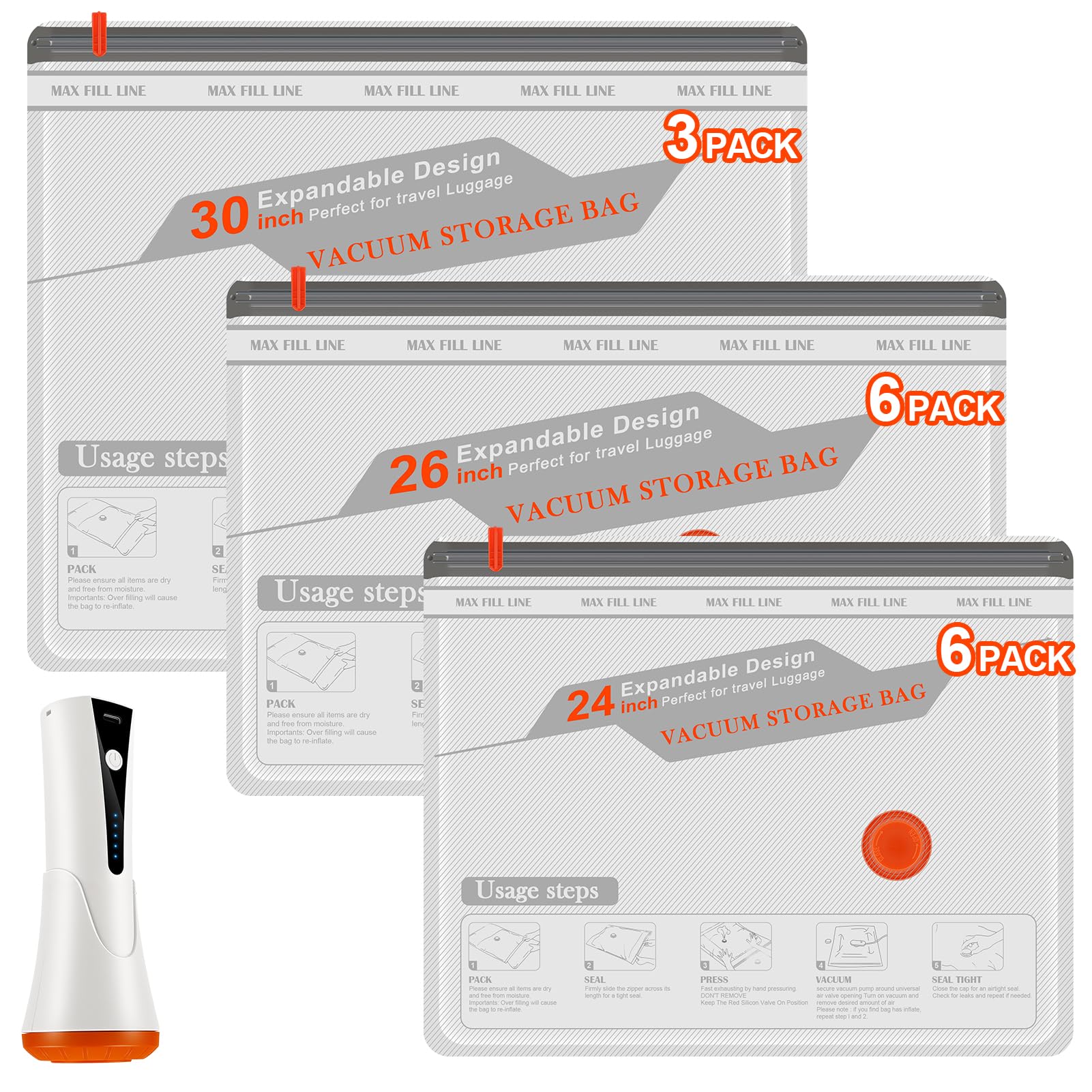 Travel Vacuum Bags with Pump - 15 Pack Space Saver Bag for Travel & Home, Clothes, Bedding, Blankets, Seasonal Storage