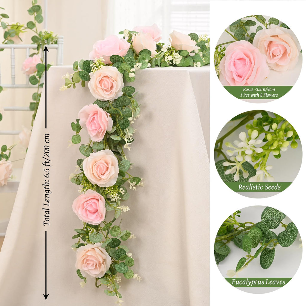 Dolicer 2Pcs 13Ft Artificial Eucalyptus Garlands With Flowers - 8 Roses, Faux Floral Greenery Garlands Fake Flowers Vines For We
