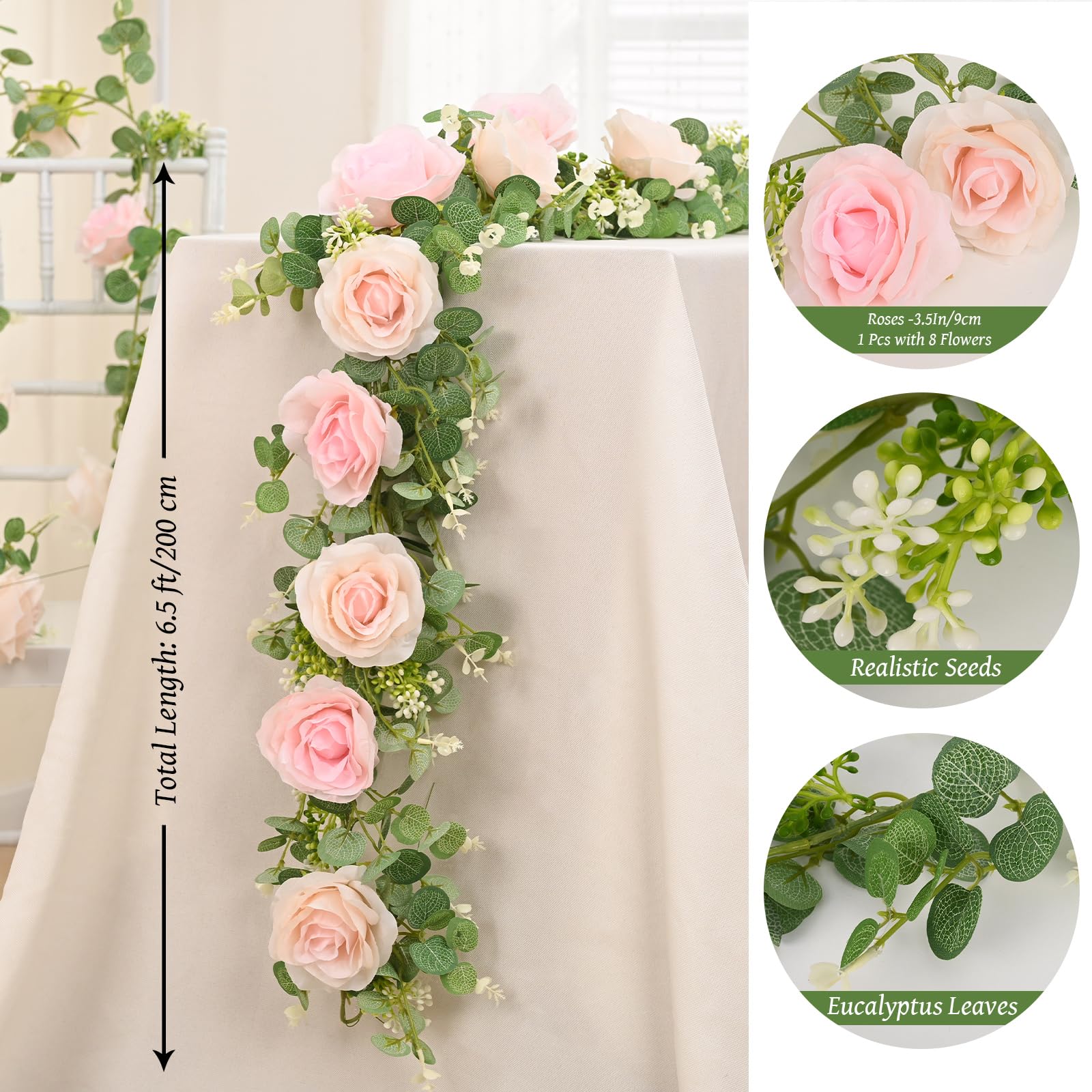 Dolicer 2Pcs 13Ft Artificial Eucalyptus Garlands With Flowers - 8 Roses, Faux Floral Greenery Garlands Fake Flowers Vines For We