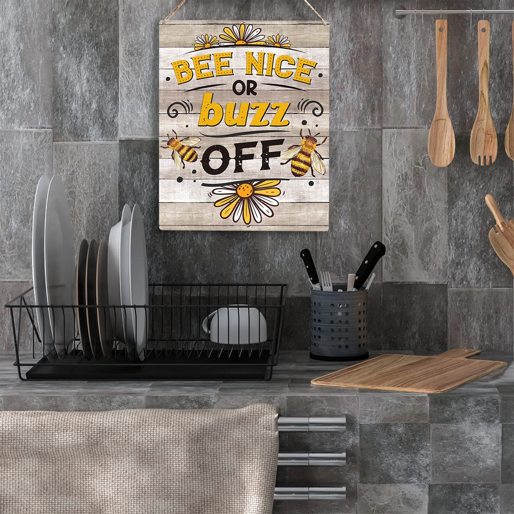 Bee Decor Bee Nice Or Buzz Off Wooden Hanging Sign Bee Kitchen Decor Rustic Farmhouse Decorations For Home Kitchen Sign 10X8 Inc