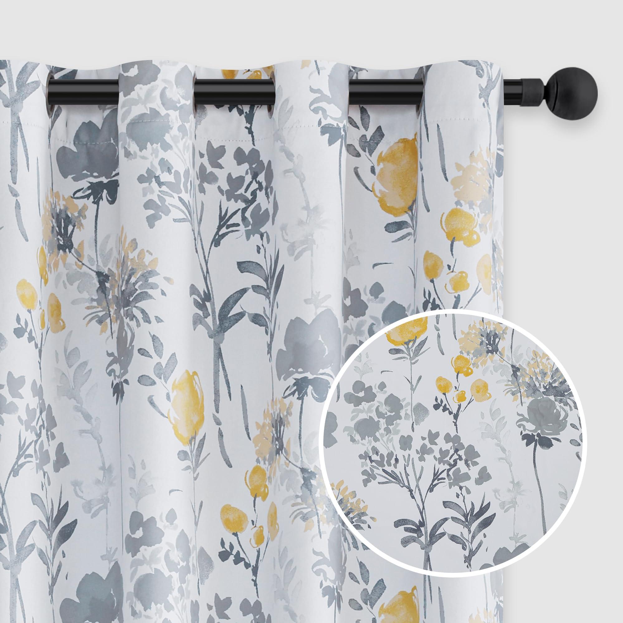 Ugoutry Grey Flower Blackout Curtains 63 Inch Long, Yellow Room Darkening Privacy Protect Curtain Panels For Bedroom, Energy Sav