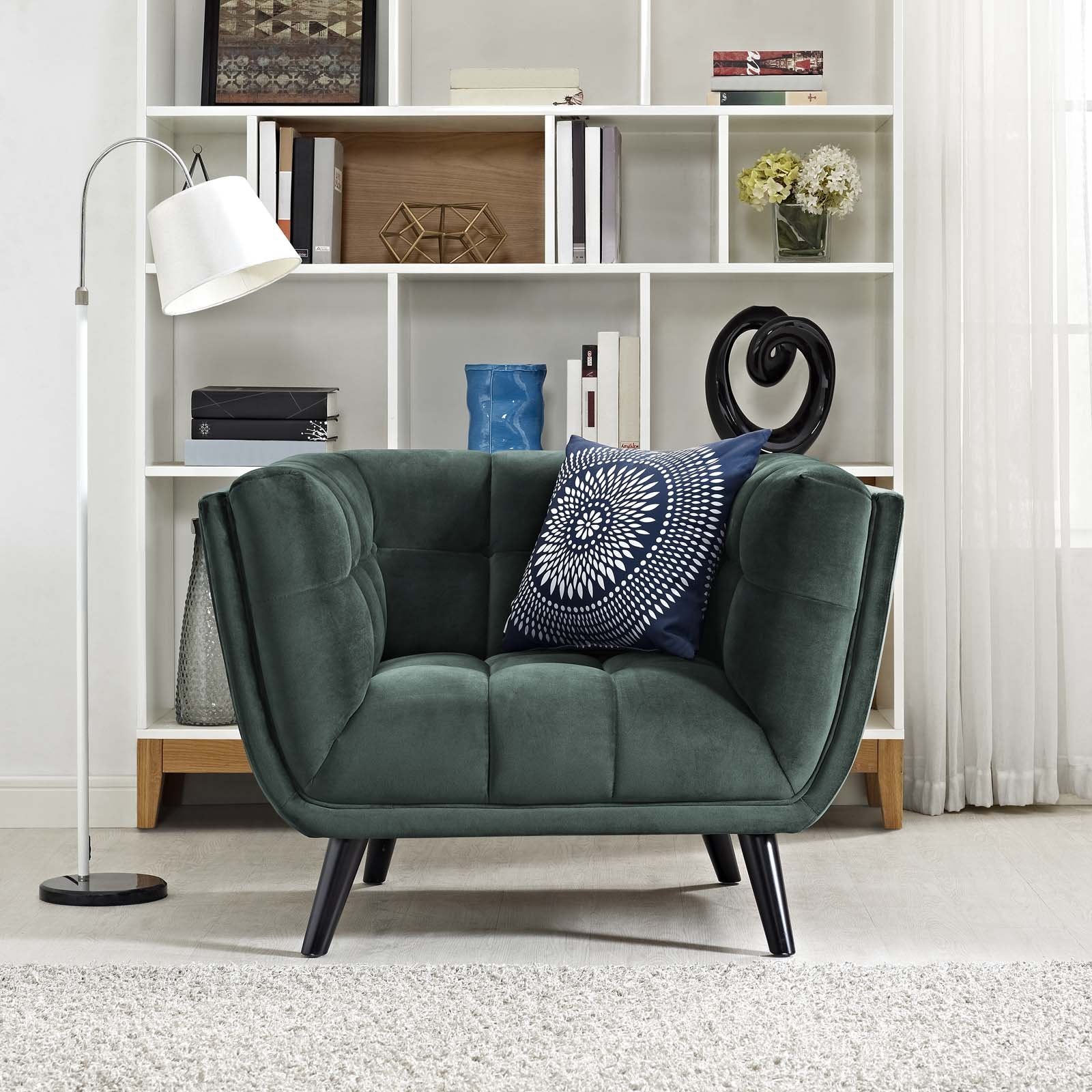 Modway Bestow Mid-Century Performance Velvet Upholstered Tufted Accent Lounge Chair in Green