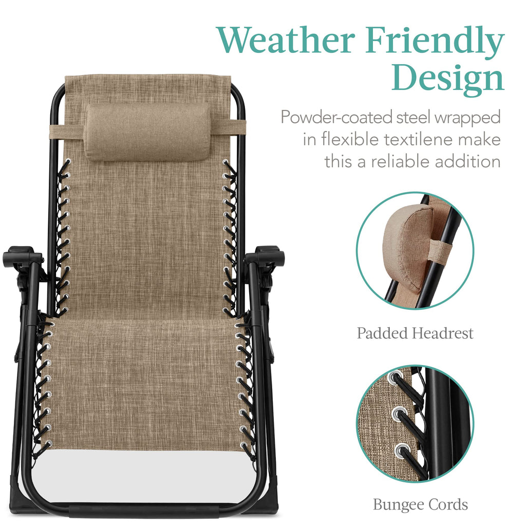 Best Choice Products Oversized Zero Gravity Chair, Folding Outdoor Patio Recliner, Xl Anti Gravity Lounger W/Removable Cushion, Cup Holder, Side Tray, 350Lb Capacity - Wheat