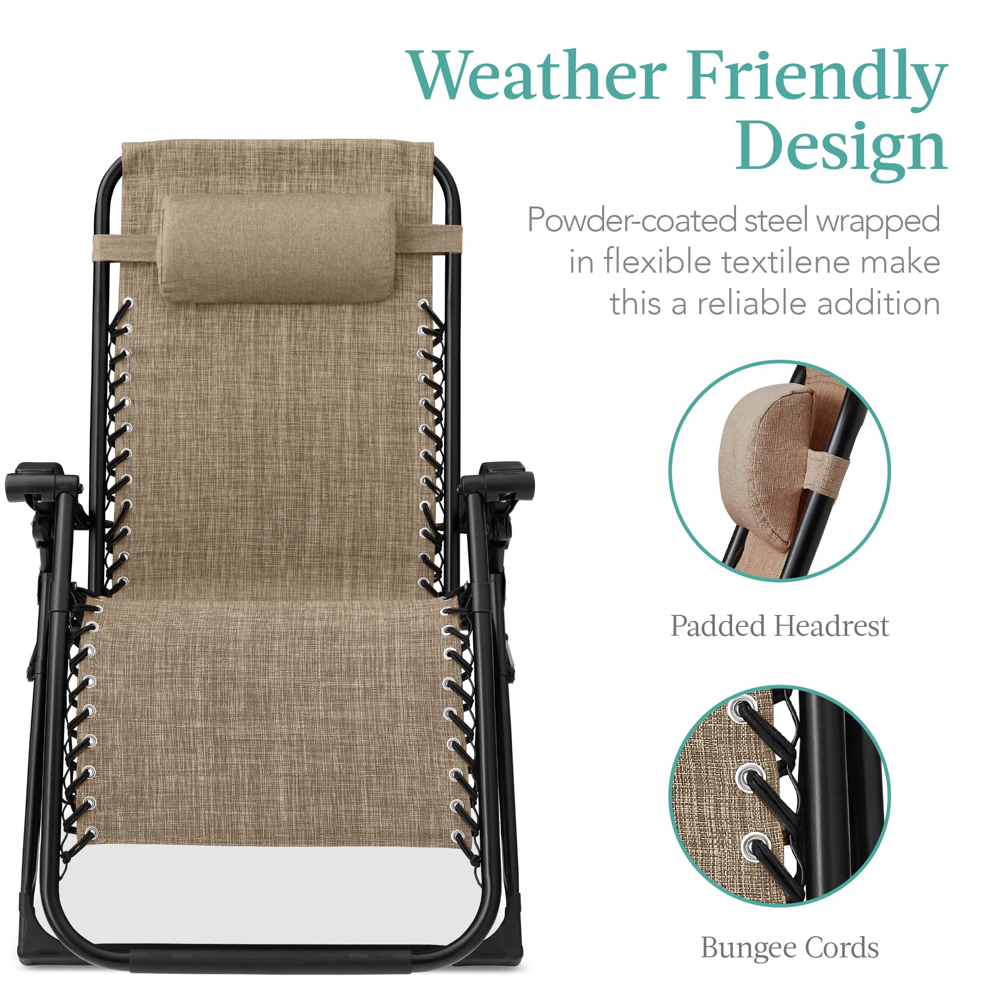Best Choice Products Oversized Zero Gravity Chair, Folding Outdoor Patio Recliner, Xl Anti Gravity Lounger W/Removable Cushion, Cup Holder, Side Tray, 350Lb Capacity - Wheat