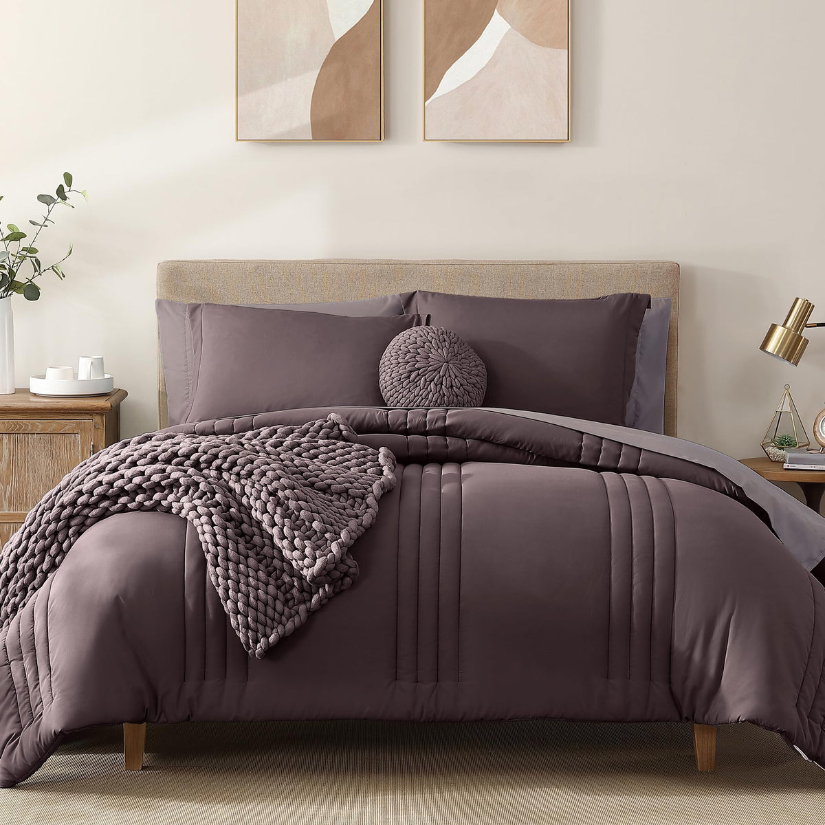 Monbix King Size Comforter Set - 7 Pieces Bed In A Bag King, Ltalian Plum Bedding Sets With Comforter, All Seasons Down Alternat