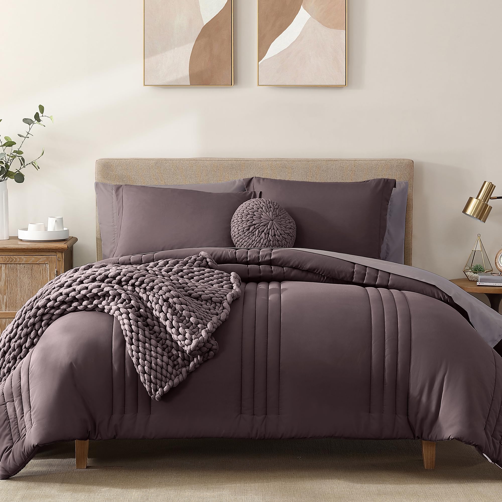 Monbix Queen Comforter Set - 7 Pieces Ltalian Plum Bed In A Bag Queen Bedding Sets With Comforters, All Seasons Down Alternative