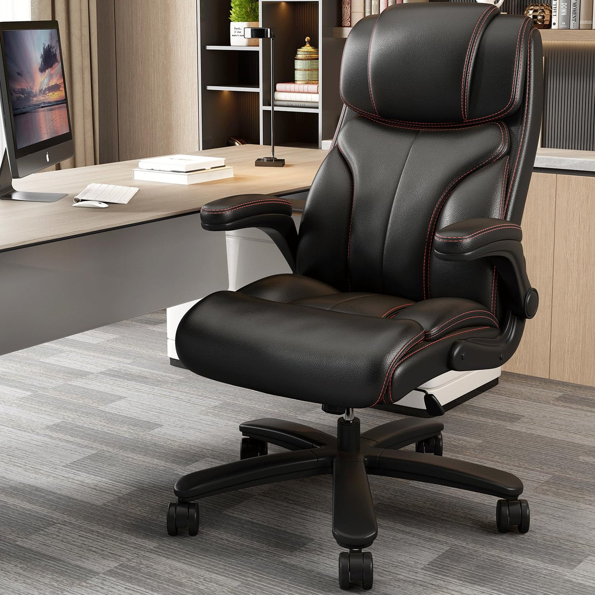 Sucrever Leather Executive Office Chair, Tall Computer Desk Chair, High Back Desk Chair With Wheels And Flip Up Arms, Lumbar Sup