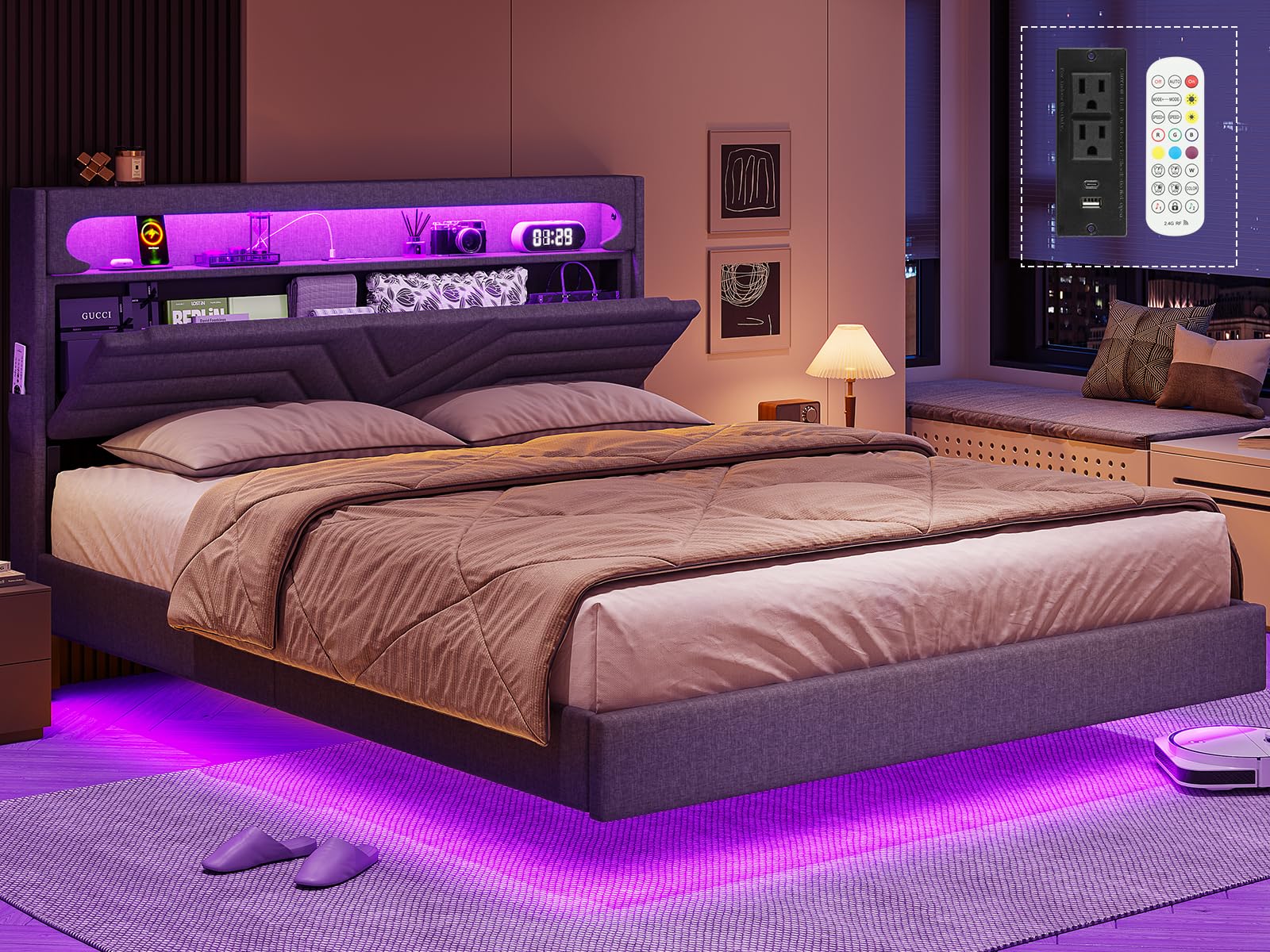 BTHFST Queen Floating Bed Frame with RGB LED Lights Headboard, USB-C/A Power Combo, Linen Upholstered Platform Bed with Storage 