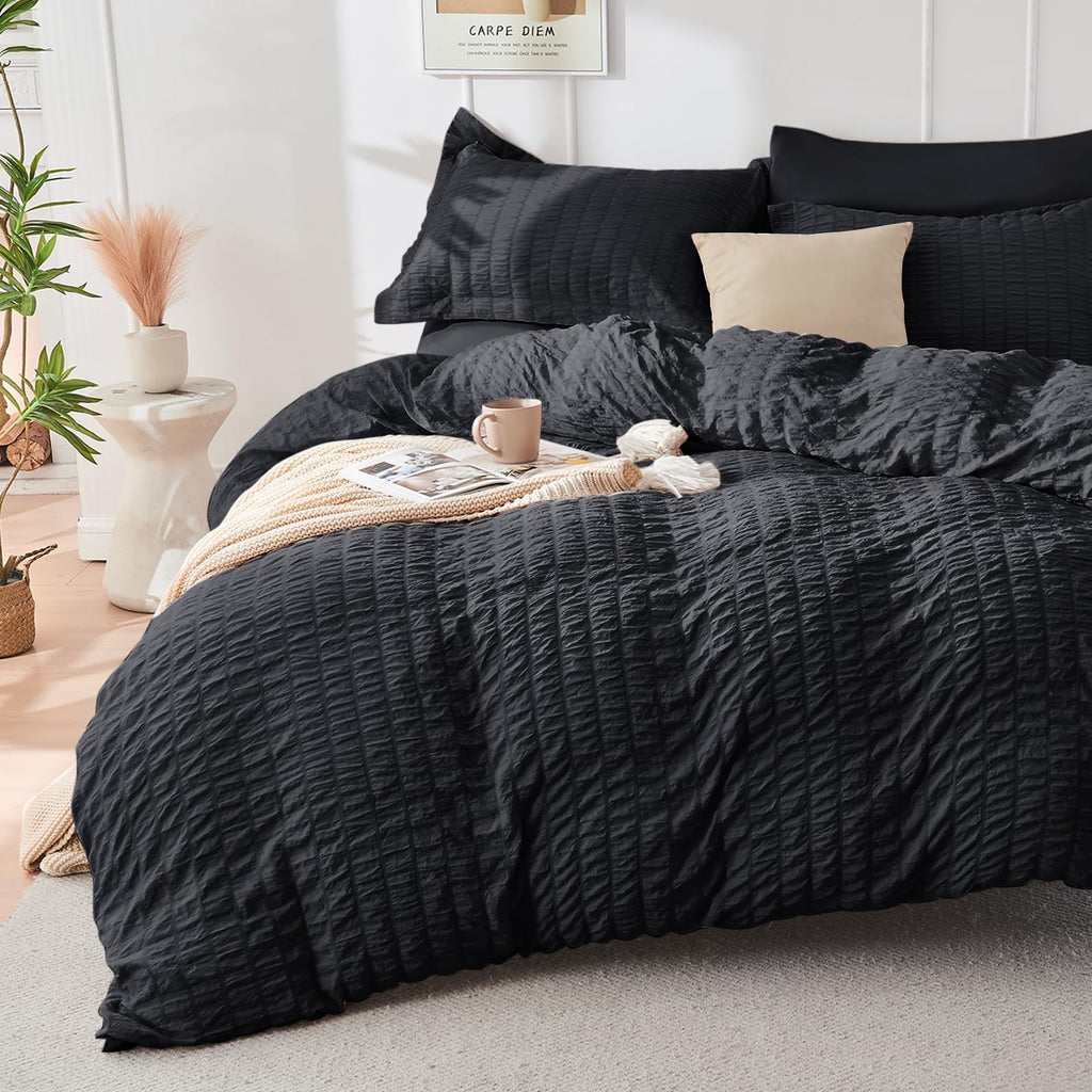 Hymokege Black Twin Duvet Cover Set, Ultra Soft & Breathable 3Pc Seersucker Duvet Cover Set With Zipper Closure & Corner Ties -