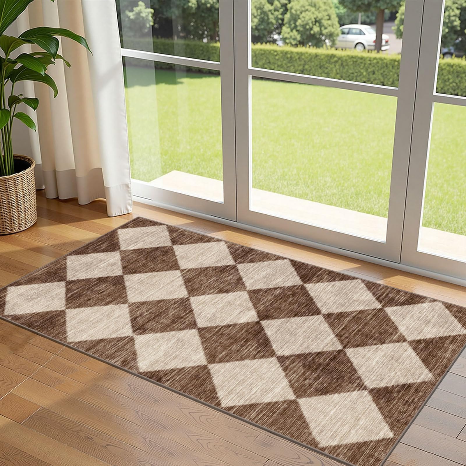 Othilic Front Door Mat Indoor Entrance - 2x4.3 Ft Brown Beige Non-Slip Washable Outdoor Porch Rug Doormats Geometric Checkered D