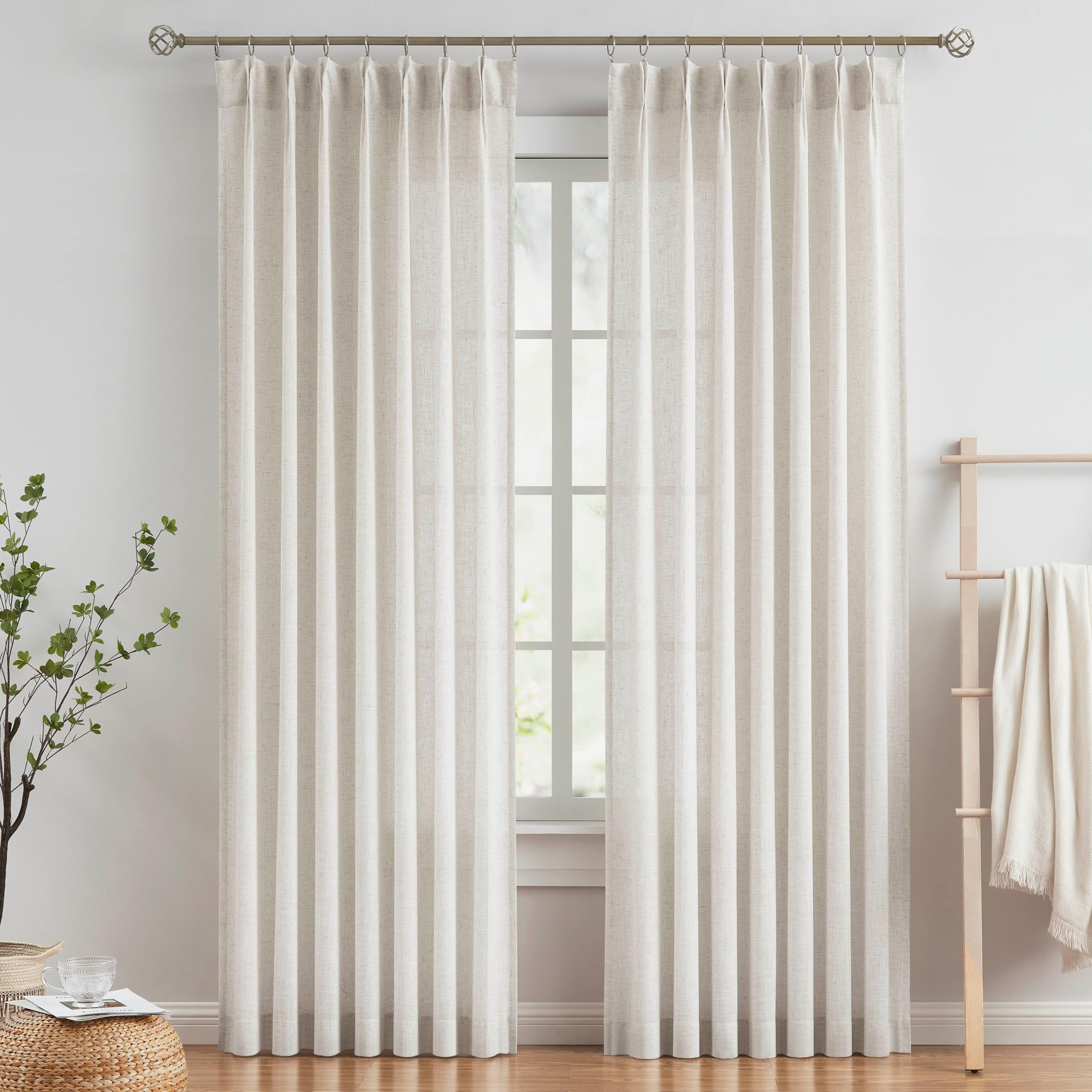 Vision Home Natural Pinch Pleated Semi Sheer Curtains Textured Linen Blended Light Filtering Window Curtains 102 Inch For Living