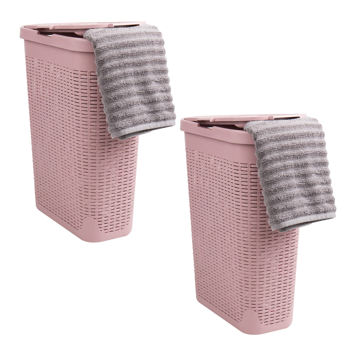 Mind Reader 40L Slim Laundry Hamper, Clothes Basket, Lid, Wicker Design, Plastic, 18''L x 10.4''W x 23.5''H, Set of 2, Pink