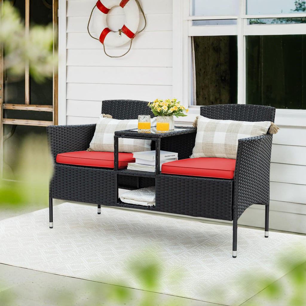 Flamaker Outdoor Furniture Patio Loveseat Wicker 2-Seat With Built-In Table And Cushions Rattan Porch Chairs Bench For Balcony, Lawn, Backyard (Red)