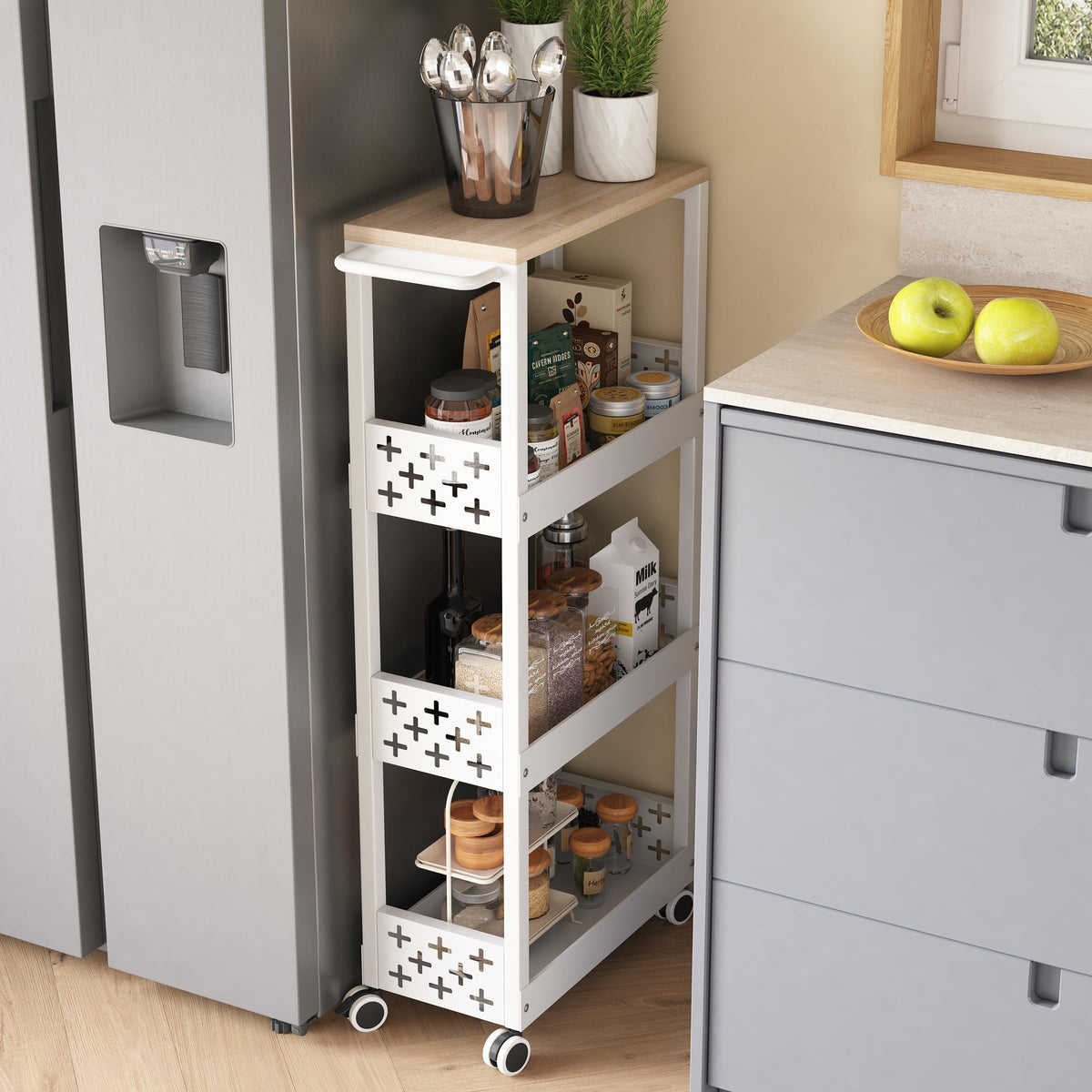 Umdonx 4-Tier Narrow Rolling Cart Space-Saving Organizer For Bathroom & Laundry Room, Slim Storage Cart Solution With Wheels Whi
