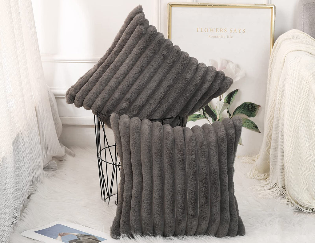 Panod Set Of 2 Faux Fur Decorative Throw Pillow Covers 18 X 18 Grey,Luxury Plush Modern Accent Funky Boho Pillow Covers Pillow C